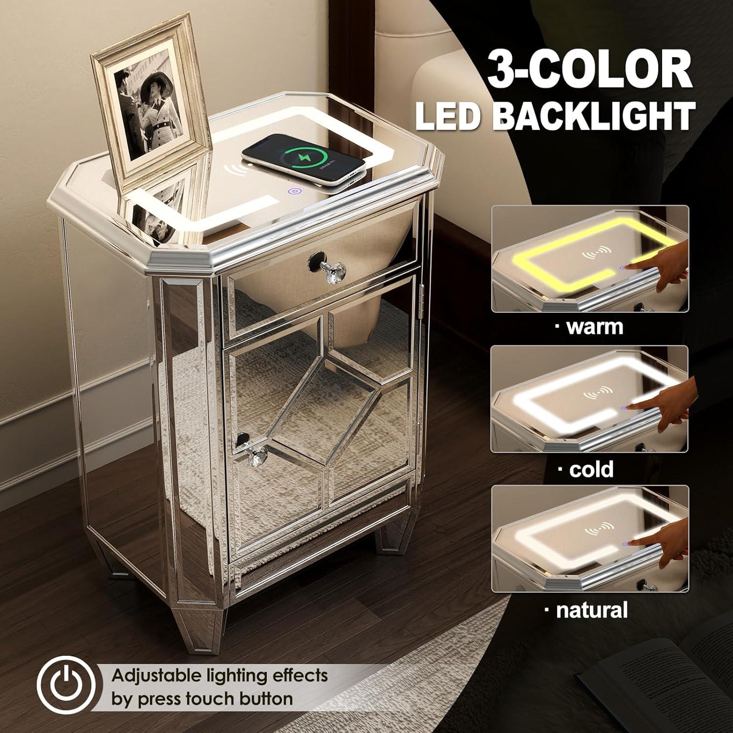COSVALVE 3 Drawers Mirrored Nightstand Silver Glass Crystal Design Rectangle End Table with Wireless Charging Station, LED Lights, Charge USB Port