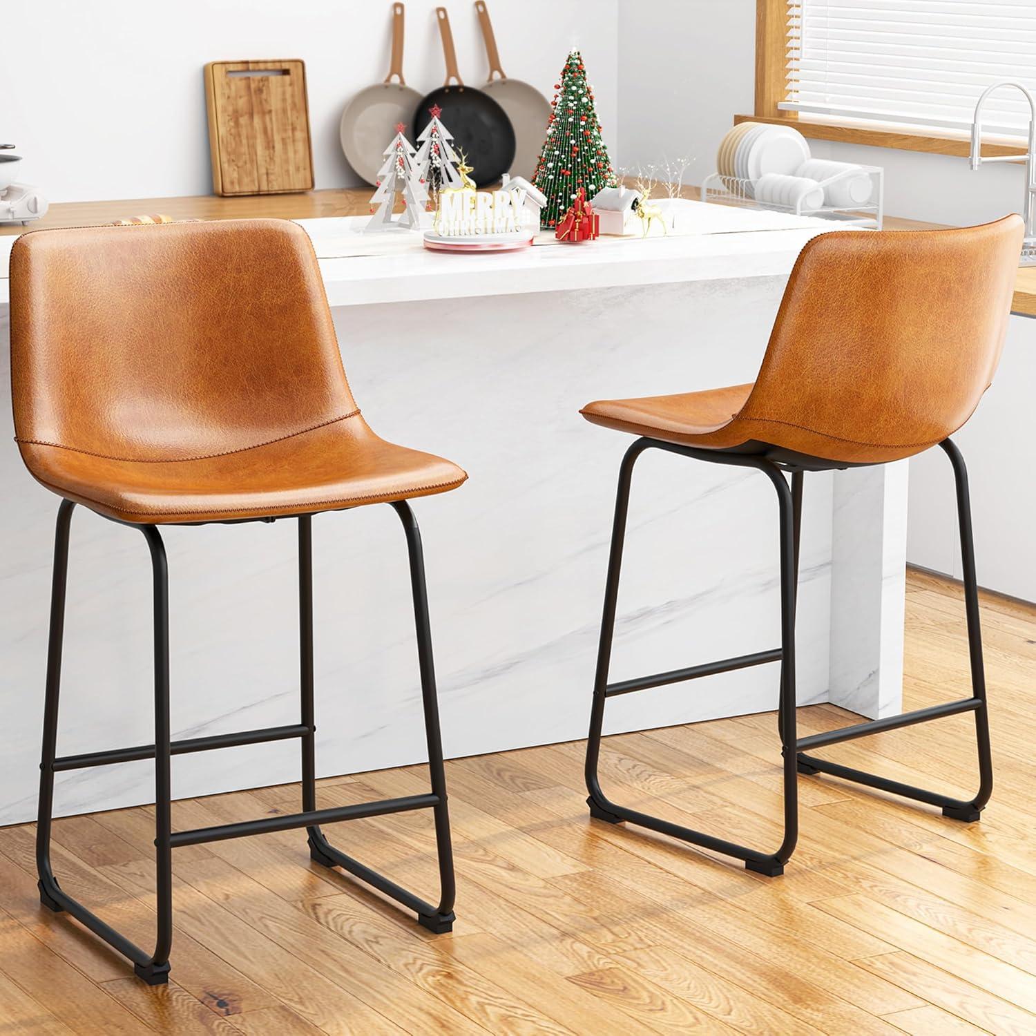 WM 26 inch Counter Height Bar Stools Set of 4, Modern Faux Leather High Barstools with Back and Metal Leg, Bar Chairs for Indoor & Outdoor, Brown