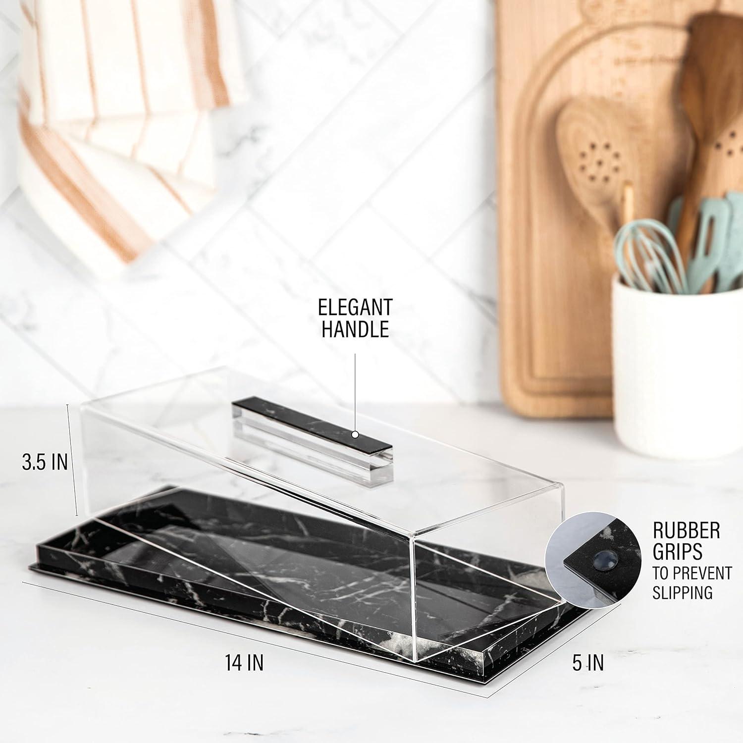 Rectangular Cake Tray, Cake Plate Dish with Lucite Display Cover Lid, Dessert Holder Tray, Cake Stand, Grey Marble Rectangle Cake Platter with Lucite Cover, Pastry Base (Black)