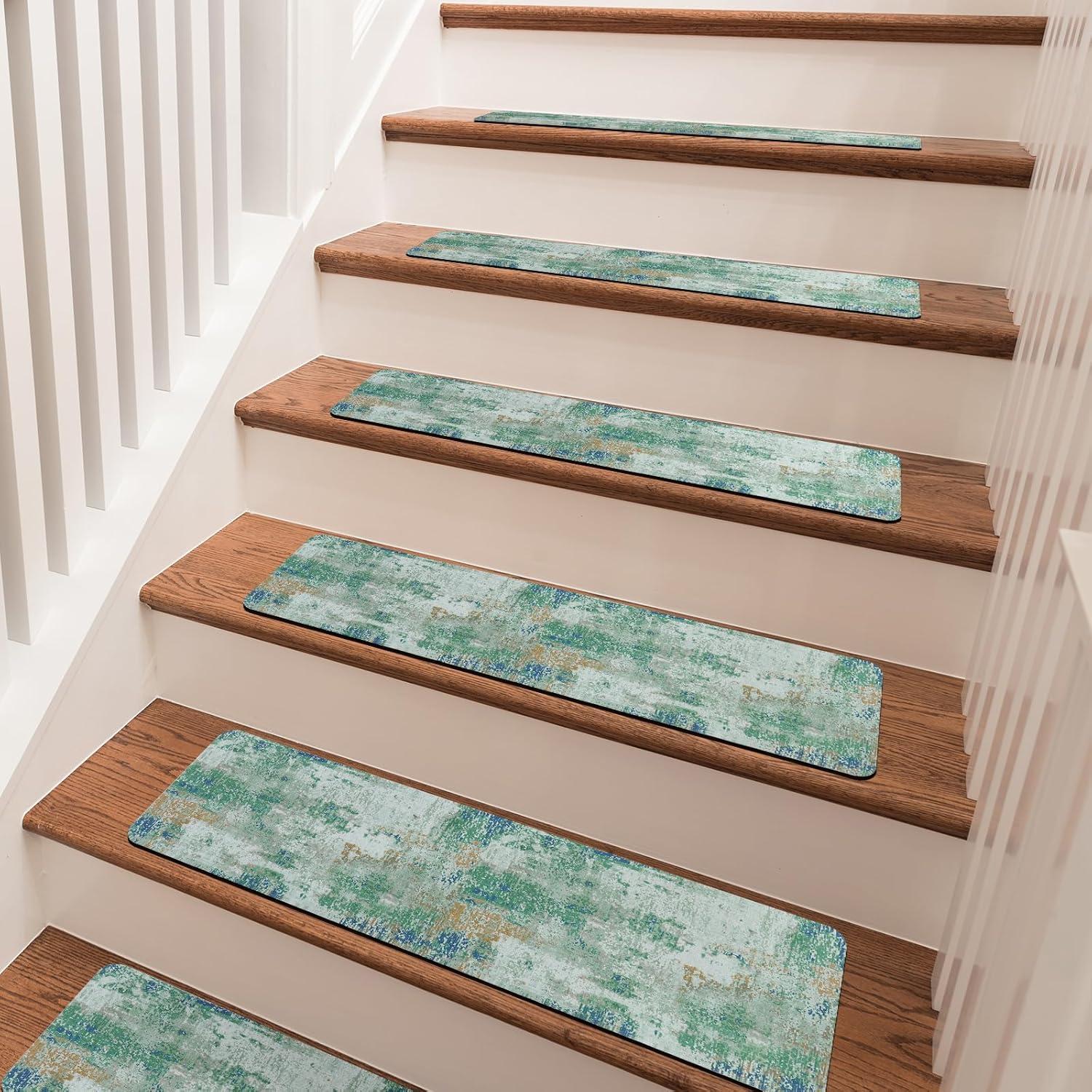 Green and White Non-Slip Rubber Stair Treads Set