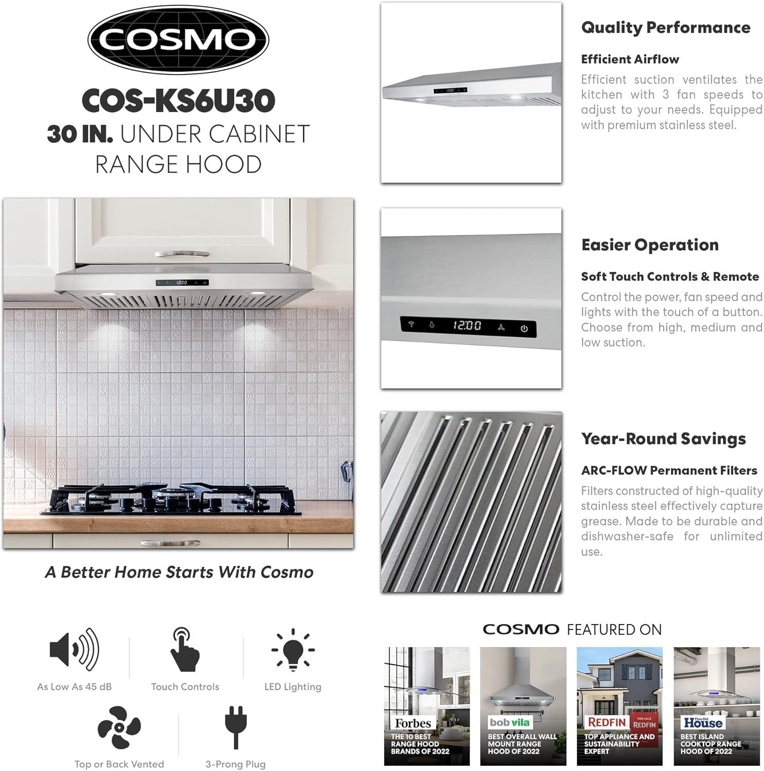 Cosmo 30" Stainless Steel 500 CFM Ducted (Vented) Under Cabinet Range Hood with Baffle Filter