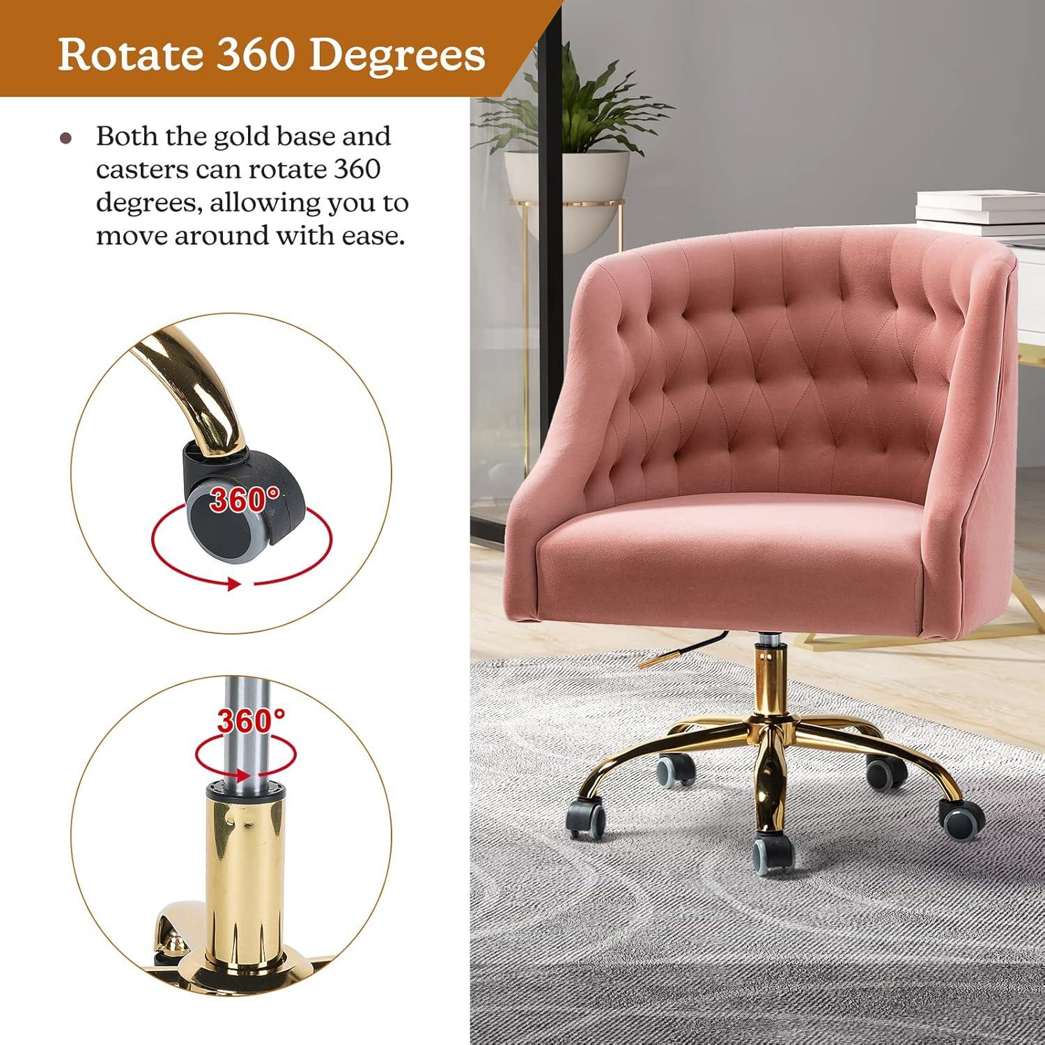 Modern Home Task Chair Swivel Rolling Computer Velvet Fabric Gold Legs Makeup Vanity Chairs Adult Pink