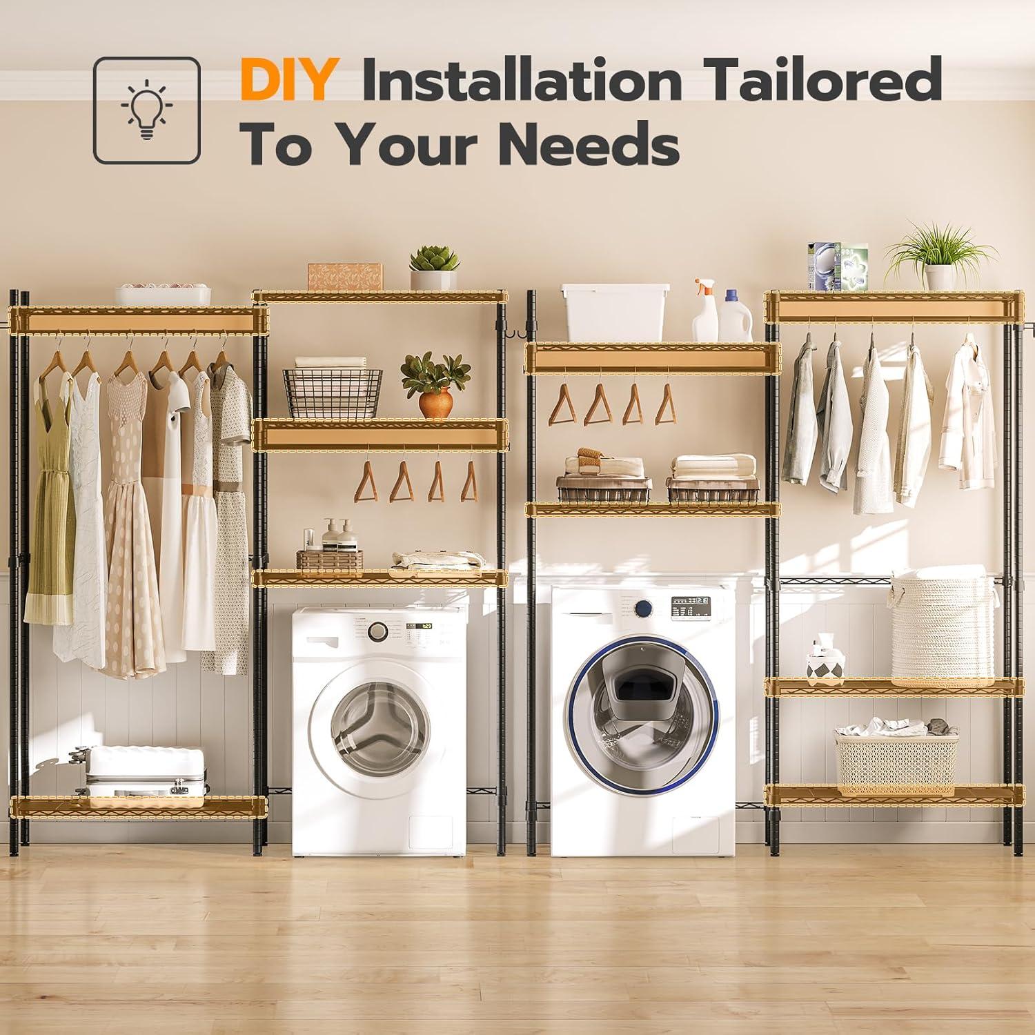Kselythan Over Washer and Dryer Shelves,57.4" W Heavy Duty Laundry Room Storage Organization Clothes Drying Rack,Height Adjustable Towel Racks with Hamper and Hooks,Space Saving Shelf