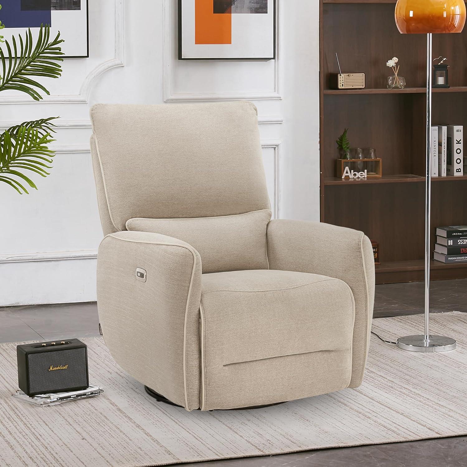 Beige Fabric Swivel Glider Recliner with Metal Base