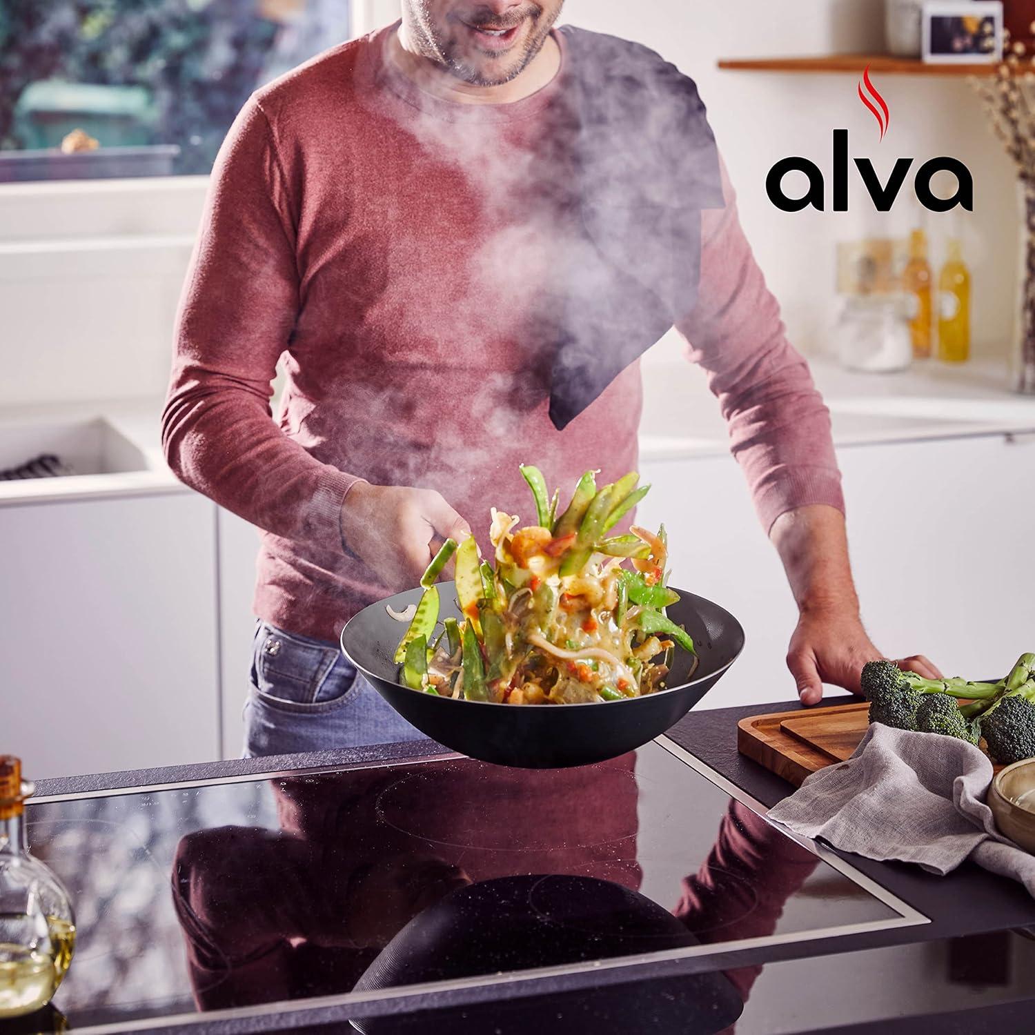 Alva Forest Nonstick Carbon Steel Wok Pan Skillet, Non Toxic, Pre-Seasoned, Induction Compatible, Versatile for Stir-Frying & Searing - 12"