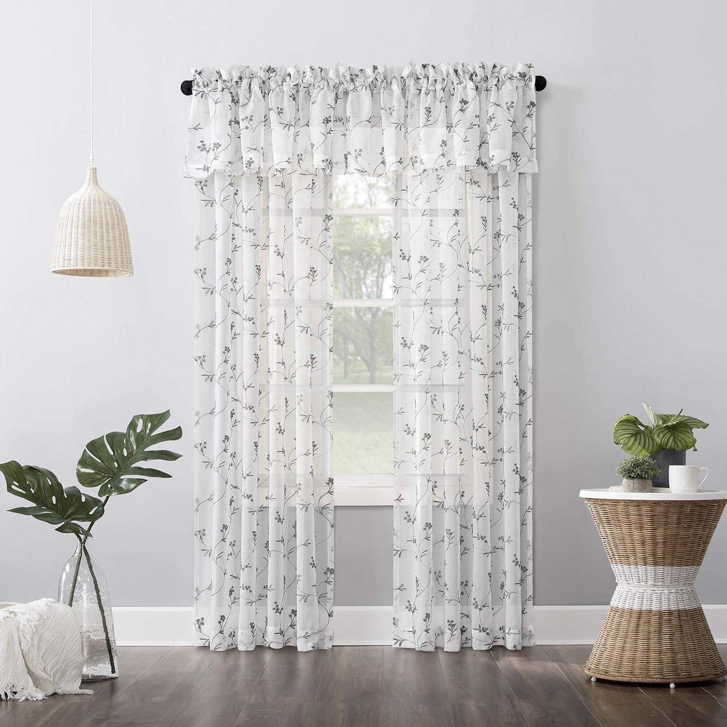 White Sheer Embroidered Floral Rod Pocket Curtain Panel