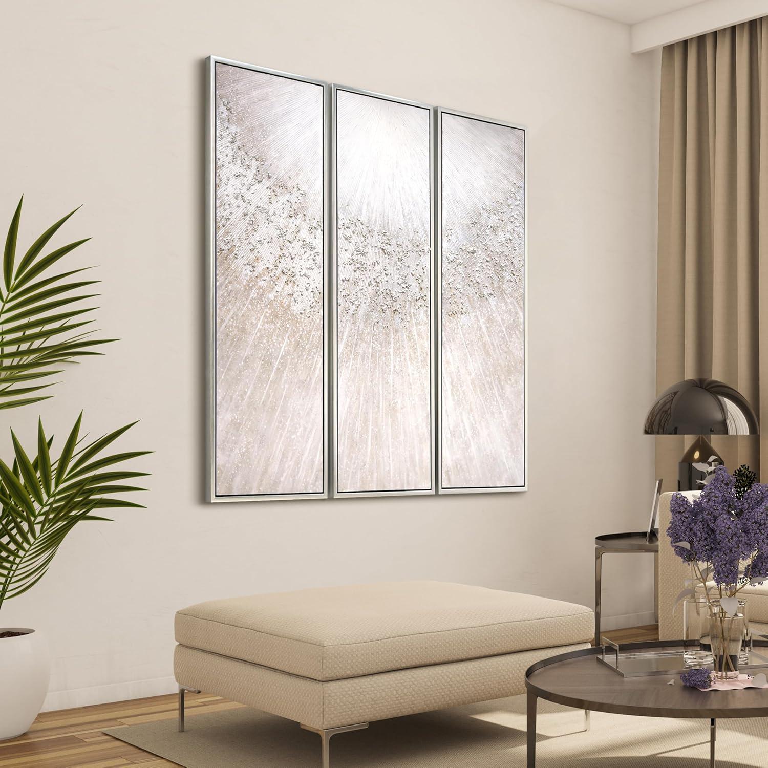 Empire Art Direct Silver Radiant Trio Textured Glitter Hand Painted Framed Canvas Wall Art with Silver Leaf