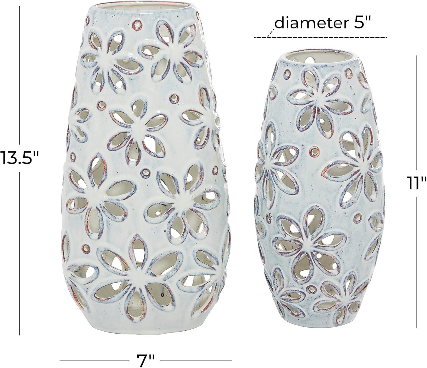 DecMode 14", 11"H Floral Handmade Daisy Cut Out White Ceramic Vase, Set of 2