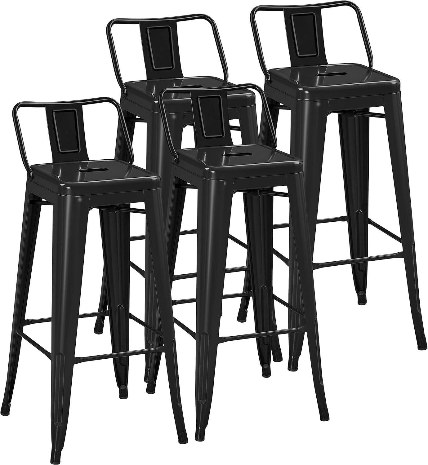 Killeryuki 30" Metal Bar Stools Set of 4, Industrial Cafe Side Chairs with Removable Back and Rubber Feet, Stackable Counter Stool for Bistro, Cafe, Kitchen, Living Room, Black