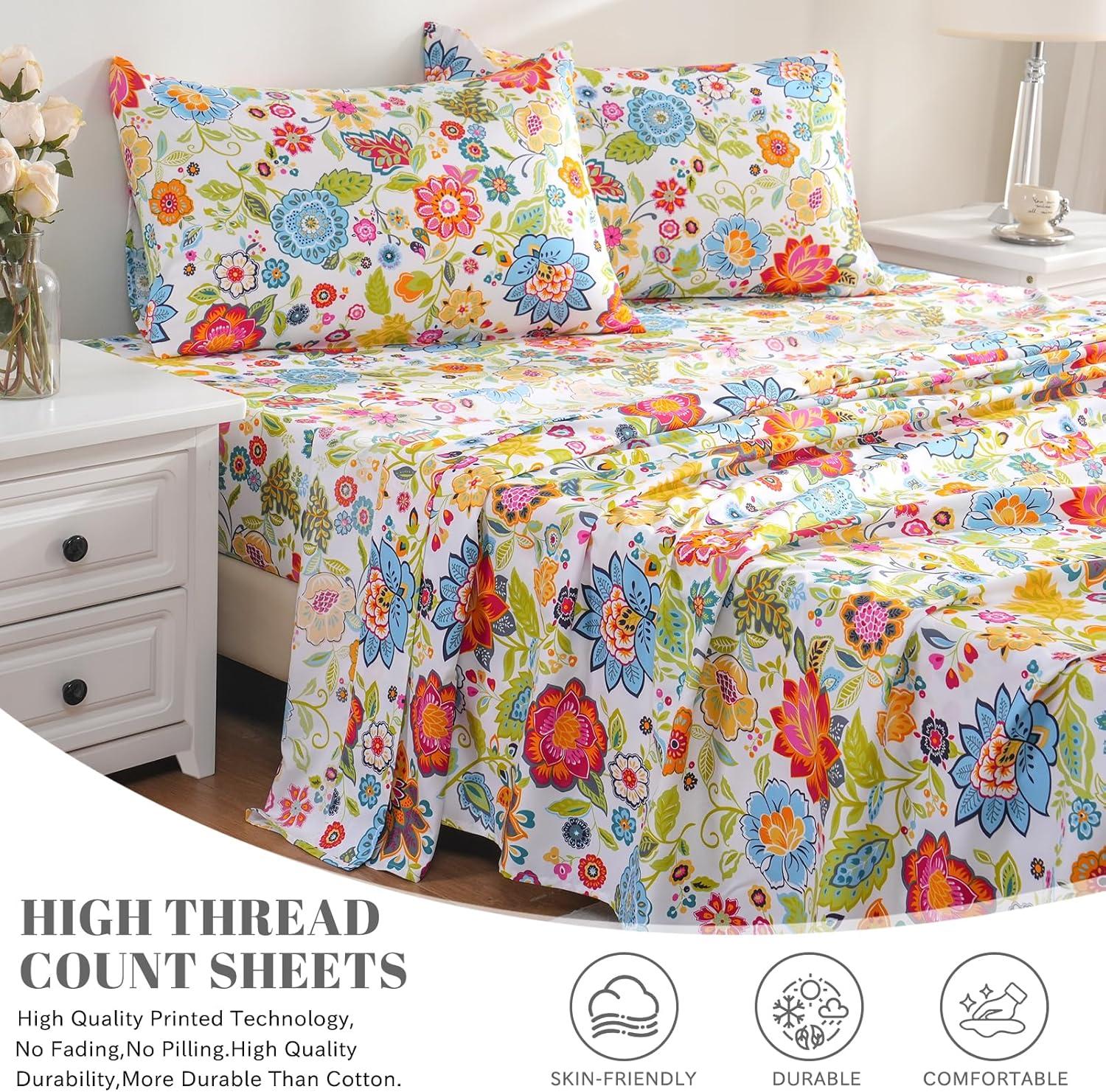Bedlifes Full Sheet Set Ultra Soft, Breathable, Silky Flower Deep Pocket 100% Microfiber Bedding, 4 Piece Full Size with Floral Spring Design