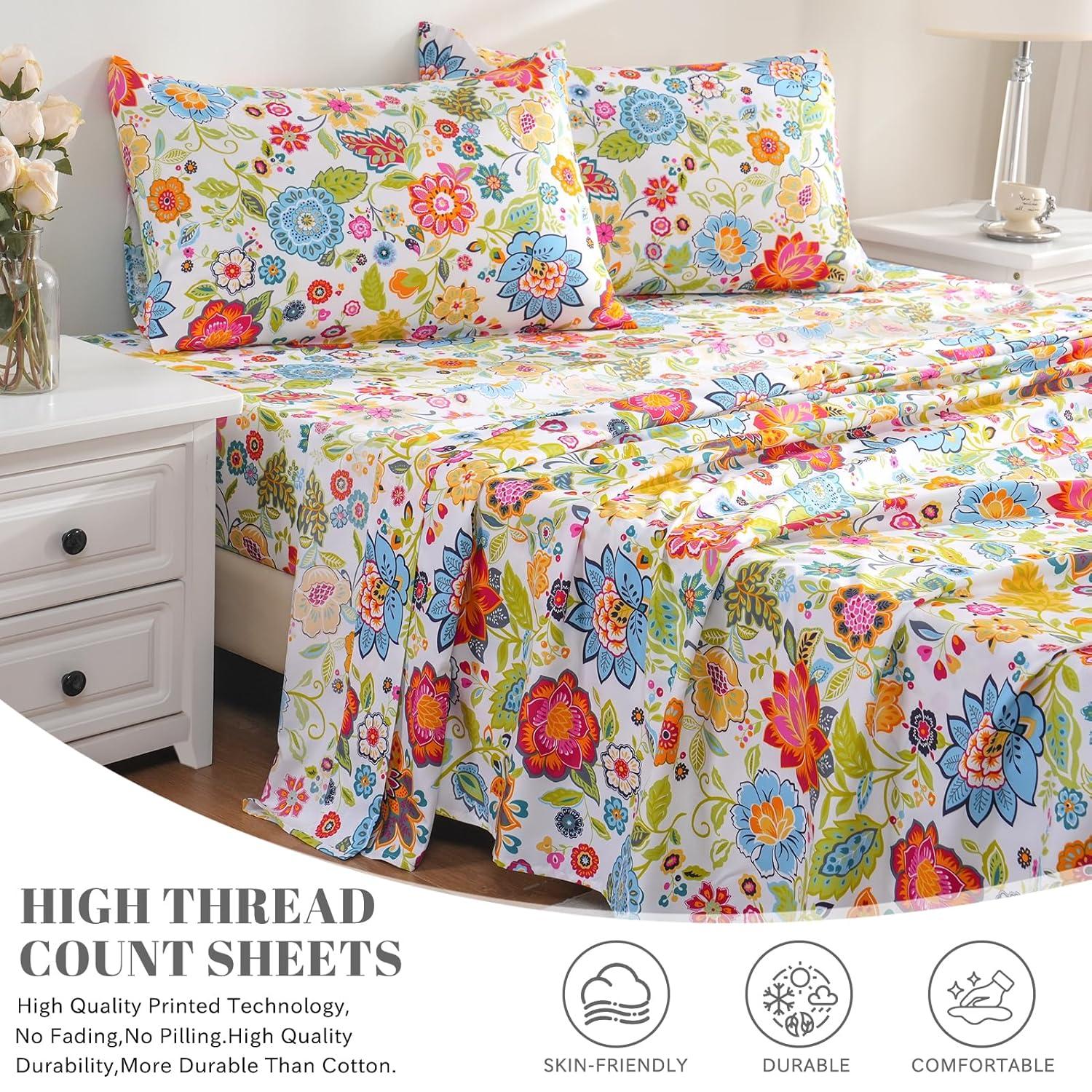 Bedlifes Full Sheet Set Ultra Soft, Breathable, Silky Flower Deep Pocket 100% Microfiber Bedding, 4 Piece Full Size with Floral Spring Design