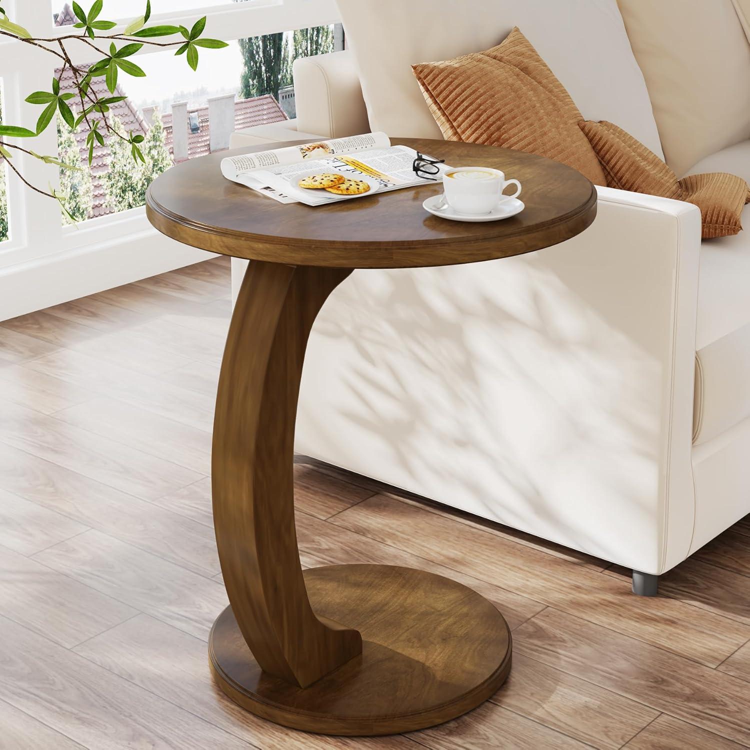 Hommoo C-Shaped End Table, Round Solid Wood Side Table for Living Room Brown