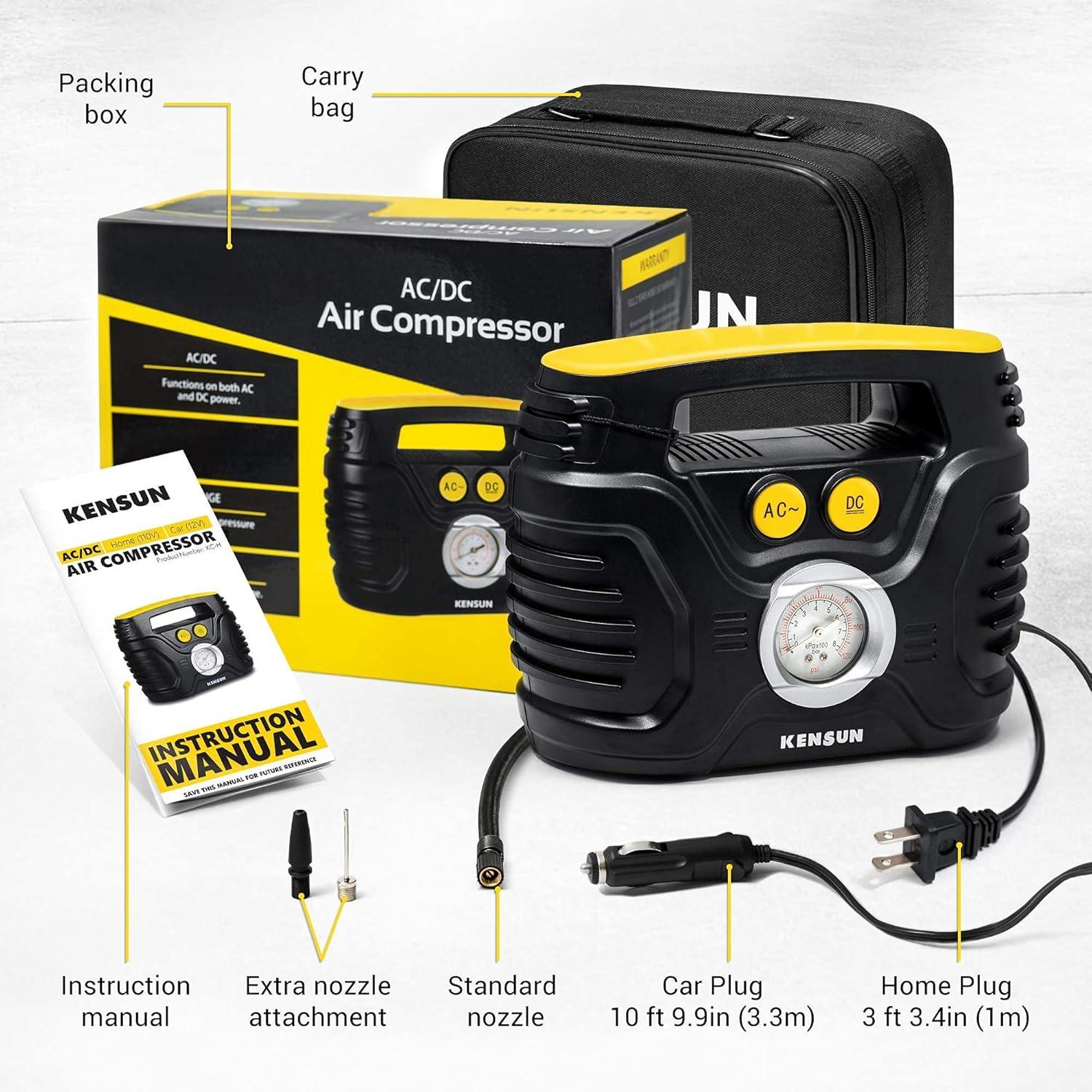 Kensun Air Compressor for Tires - Portable Tire Inflator Air Pump for Car - Electric Tire Compressor for Home and Car - Air Compressor Tire Pump - Air Pump for Cars, BIkes, And Inflatables