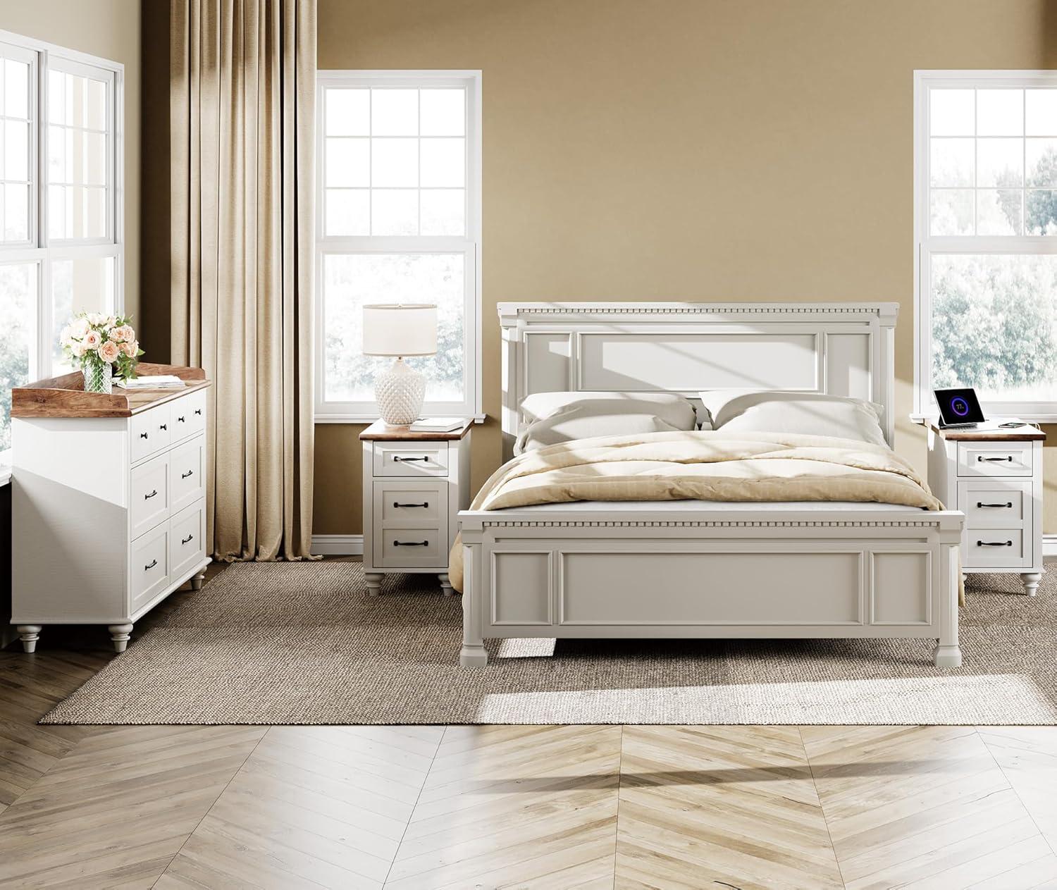 WAMPAT 2 Pack End Tables with Charging Station, Farmhouse Side Table with Drawer & Storage Cabinet, White Nightstand with Power Outlets & USB Ports for Living Room, Bedroom