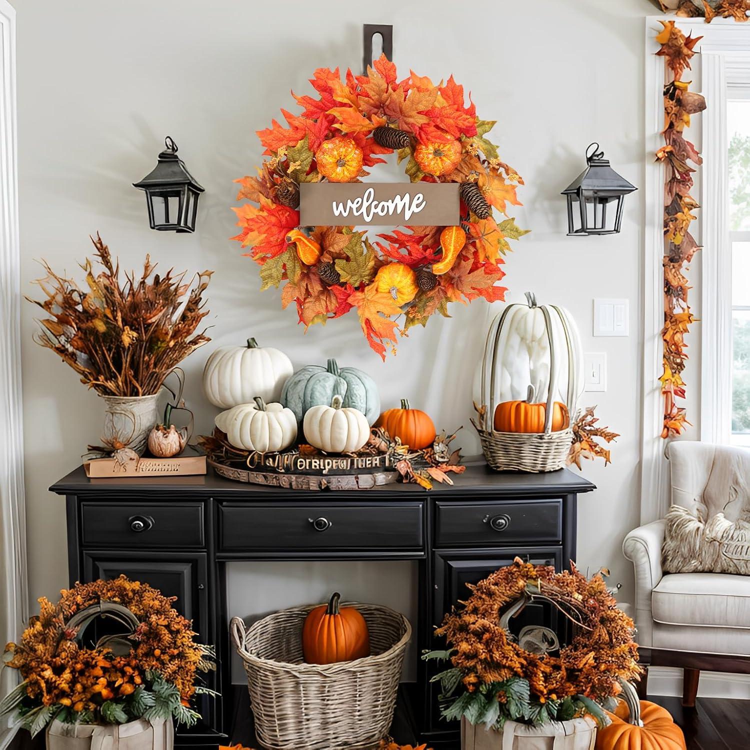 Fall Wreath 20’’ Autumn Front Door Wreath Harvest Wreath with Sunflower Pumpkins Berries Maple Leaves Daisies for Outside Indoor Home Wall Festival Thanksgiving Autumn Farmhouse Decor