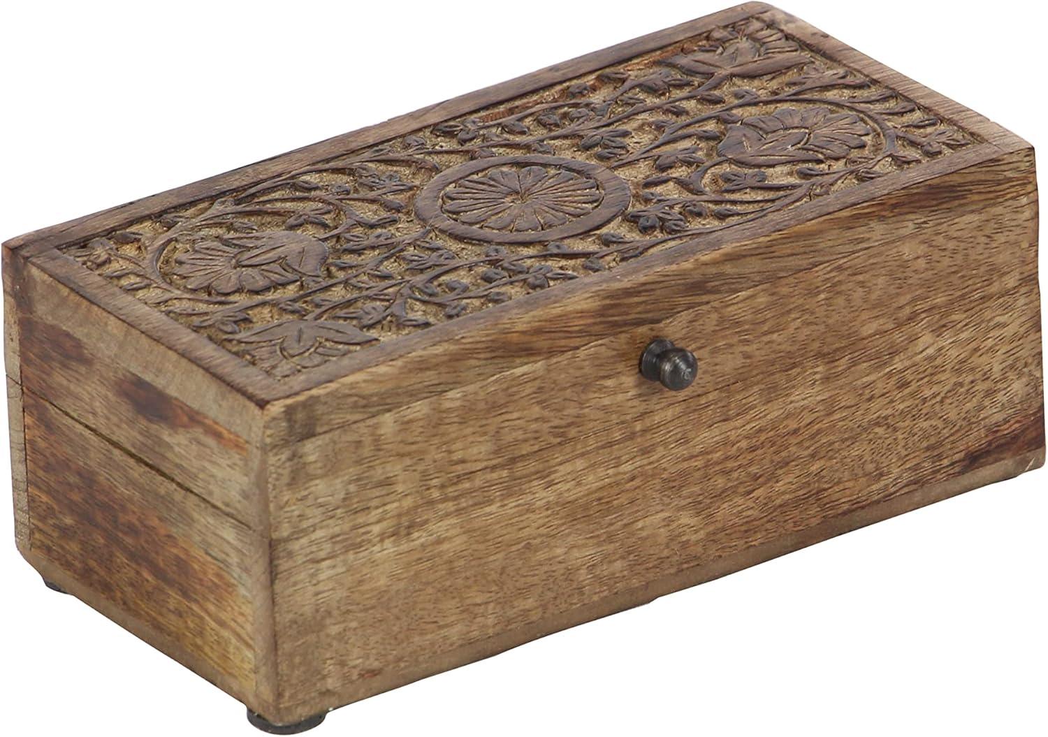 Rustic Mango Wood Floral Carved Lidded Box Set