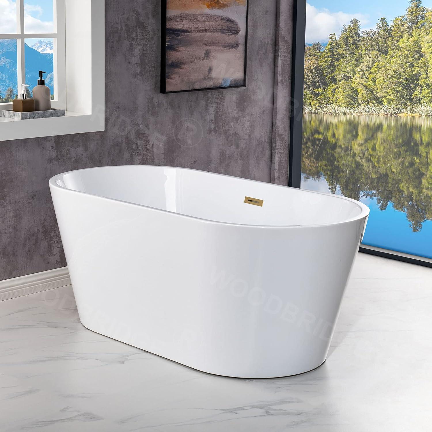 WOODBRIDGE 54" Acrylic Freestanding Bathtub Contemporary Soaking White Tub with Brushed Gold Overflow and Drain,B1702-BG