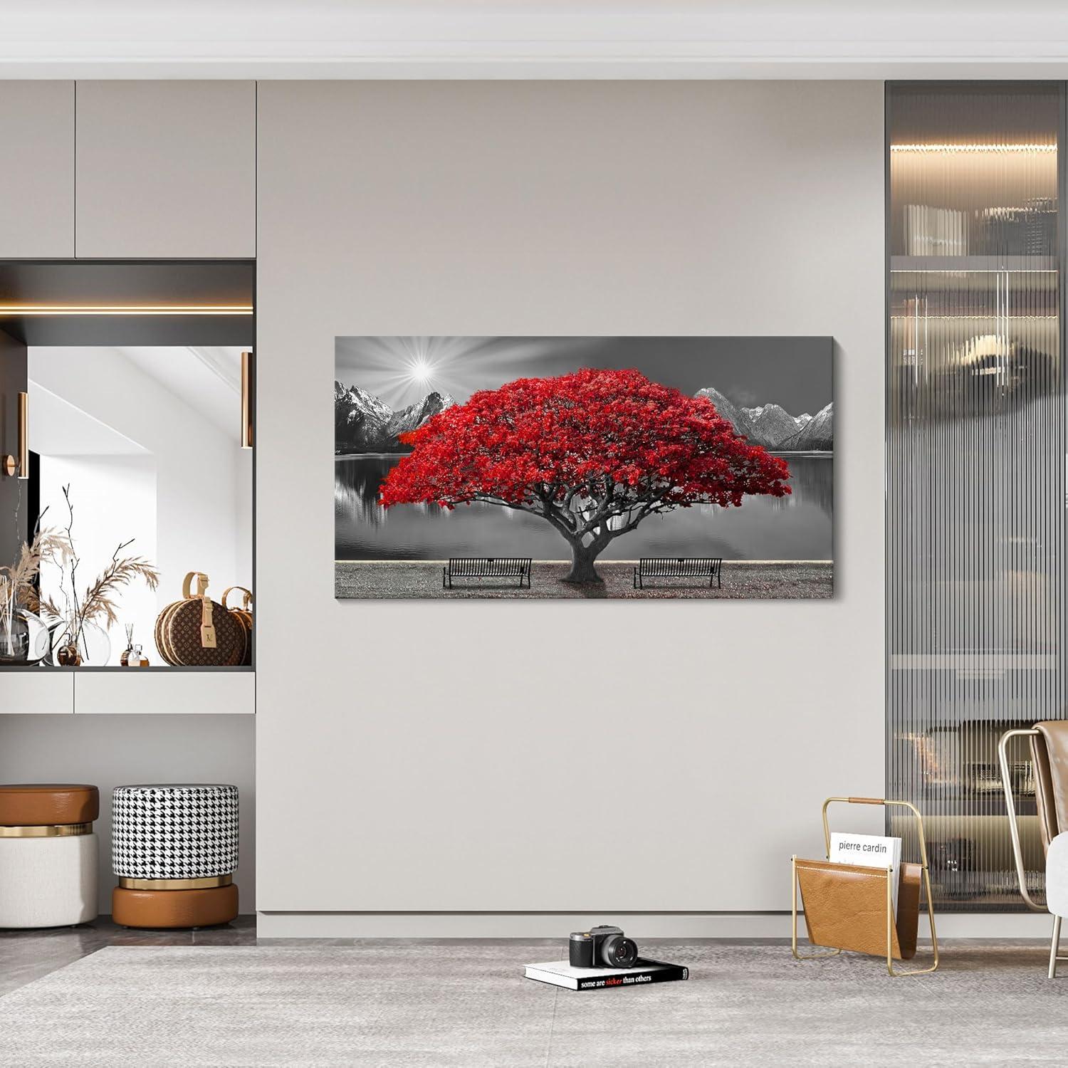 Large Red Tree Landscape Canvas Print with Black Frame