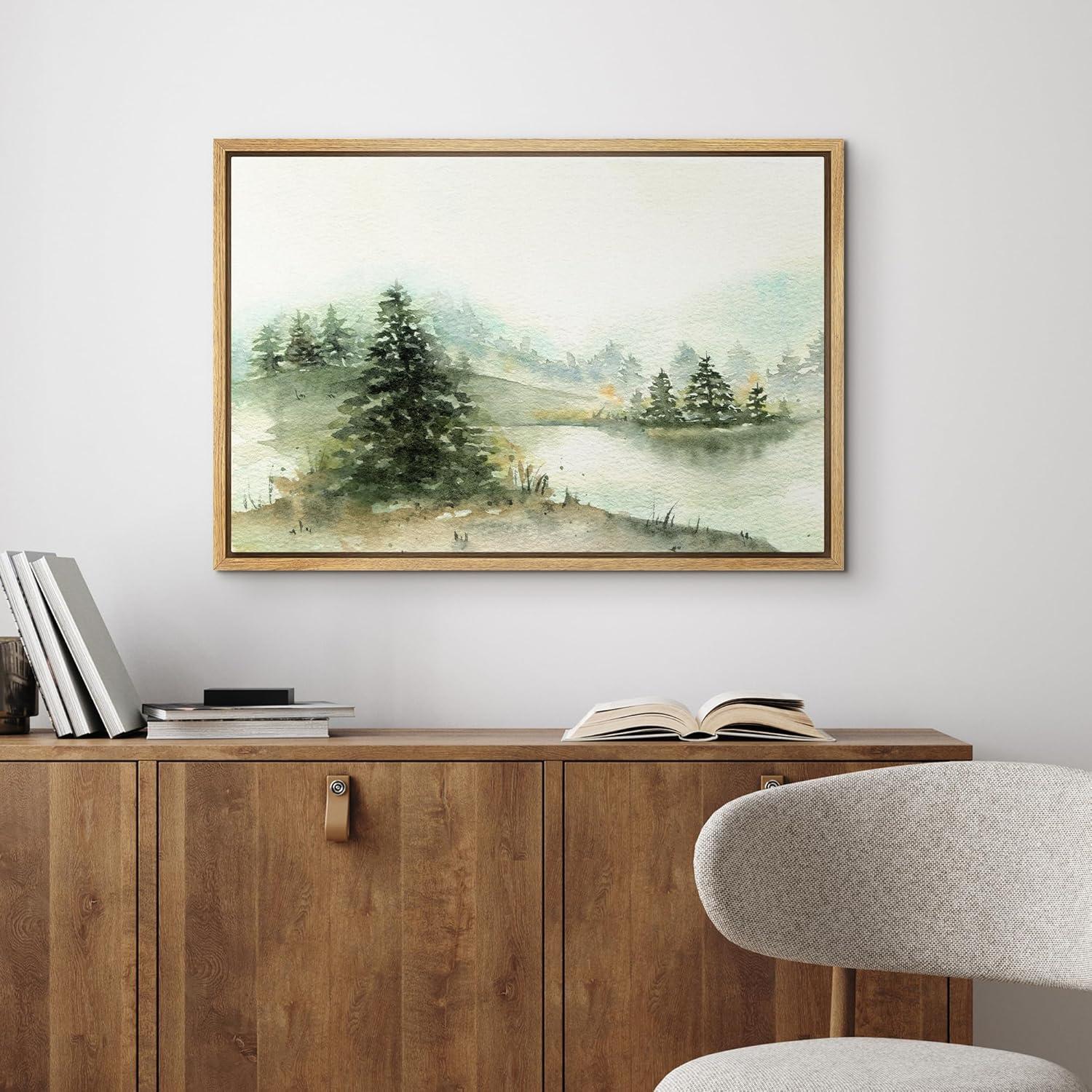 IDEA4WALL Woodland Forest Landscape " IDEA4WALL Framed Canvas Print Wall Art Woodland Nursery Decor Pastel Green Pine Tree Forest Landscape Nature Wilderness Fine Art Decorative Rustic For Living Room, Bedroom, Office "