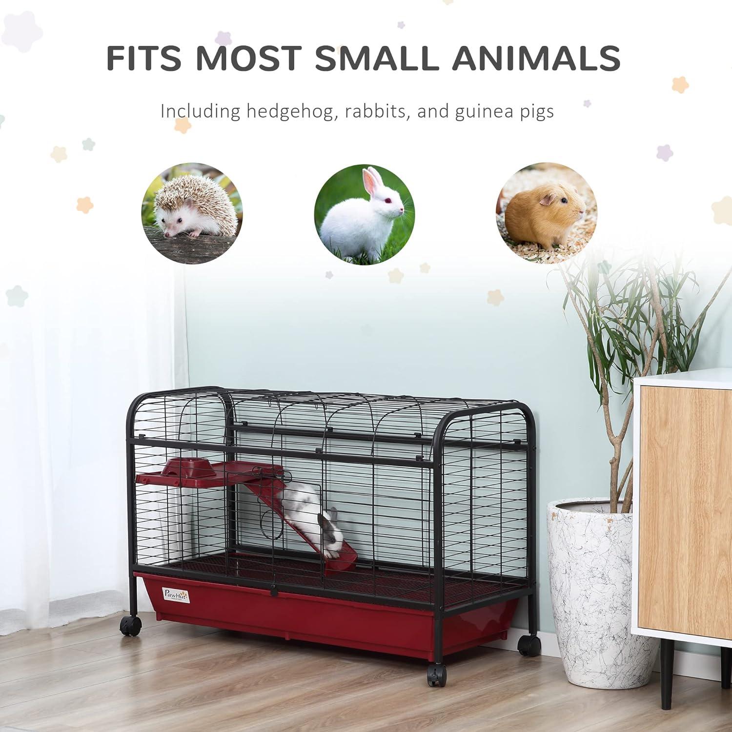 PawHut Small Animal Cage Rabbit Hutch Ferret Pet Play House with Feeder, Rolling Wheels, Platform, Ramp