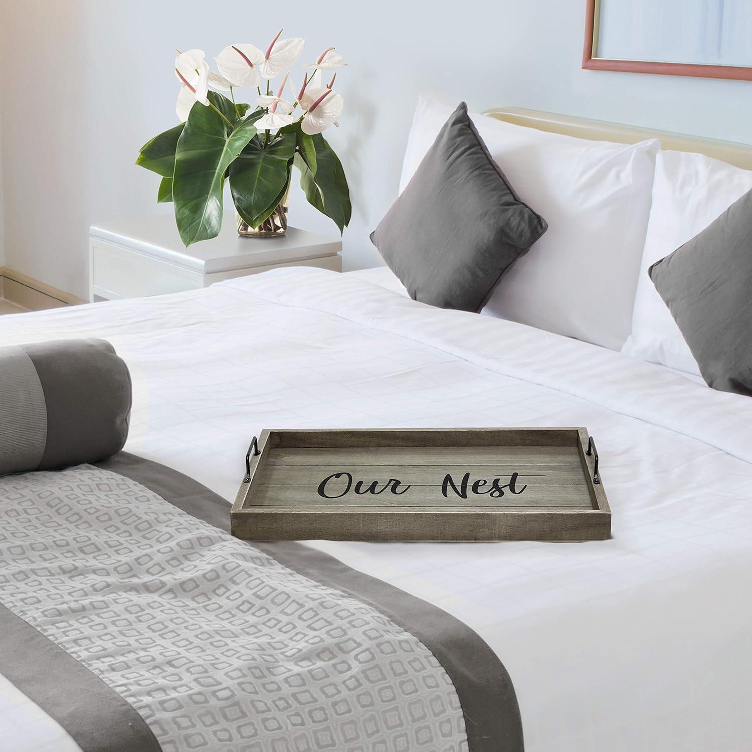 Elegant Designs 15.5" x 12" Decorative Wood Serving Tray, "Our Nest", Rustic Gray