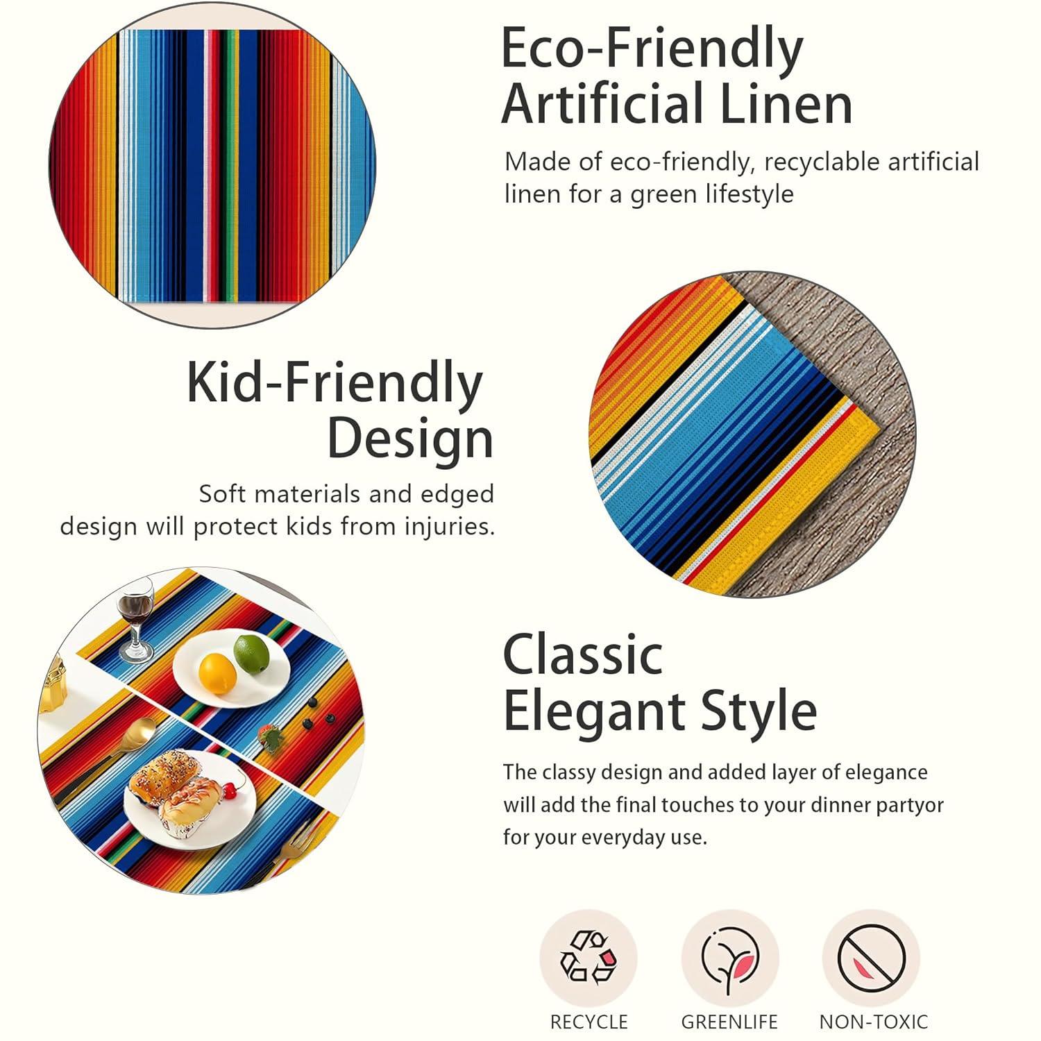 Rainbow Colorful Stripe Mexican Placemats Set of 6,Ethnic Mexican,Waterproof Non-Slip Washable Table Mats Set for Kitchen Dining Holiday Party Wedding Decor 12x18 Inch