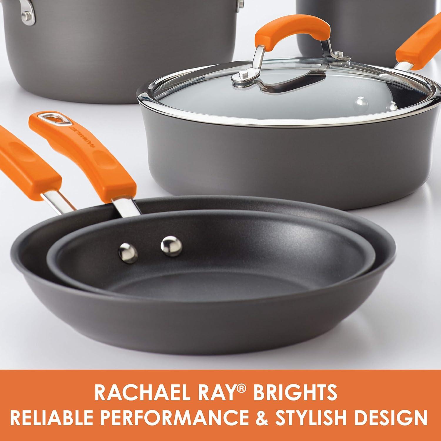 Rachael Ray Brights Hard Anodized Nonstick Cookware Pots and Pans Set, 10 Piece, Gray with Handles