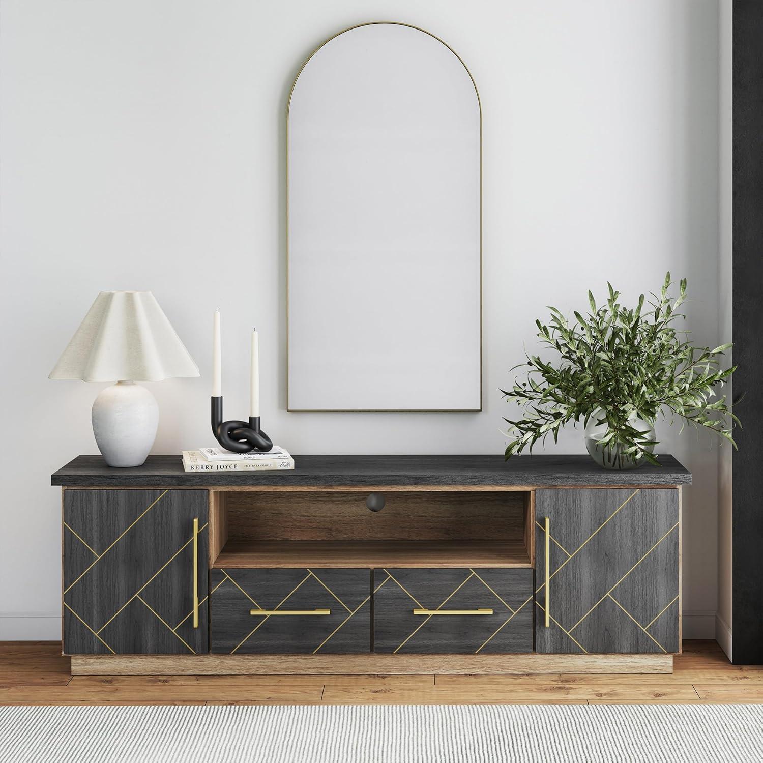 BELLEZE 70 Inch Modern TV Stand with Gold Trim, Elegant Entertainment Center with Storage, Media Console Table with Drawers & Open Shelves for Living Room, Bedroom, Home Theater (Espresso Black)