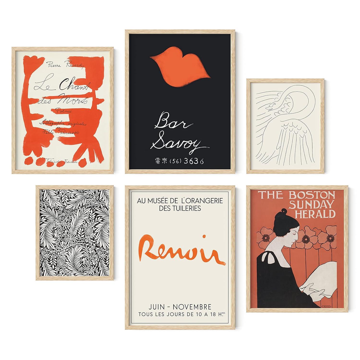 Vintage Red and Black Art Prints with Beige Pennsylvania Oak Frames