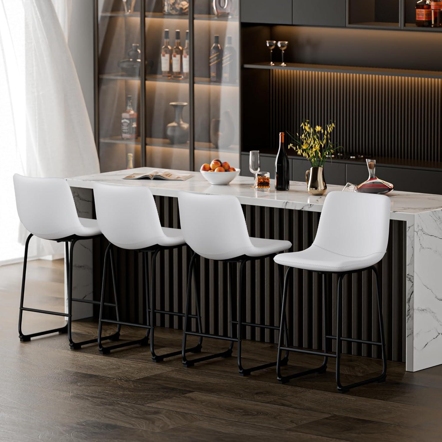 Bar Stools Set of 2, 26inches Counter Height Barstools with Back, Modern Bar Stool for Kitchens Island, Faux Leather Bar Chairs with Metal Legs and Footrest (White)