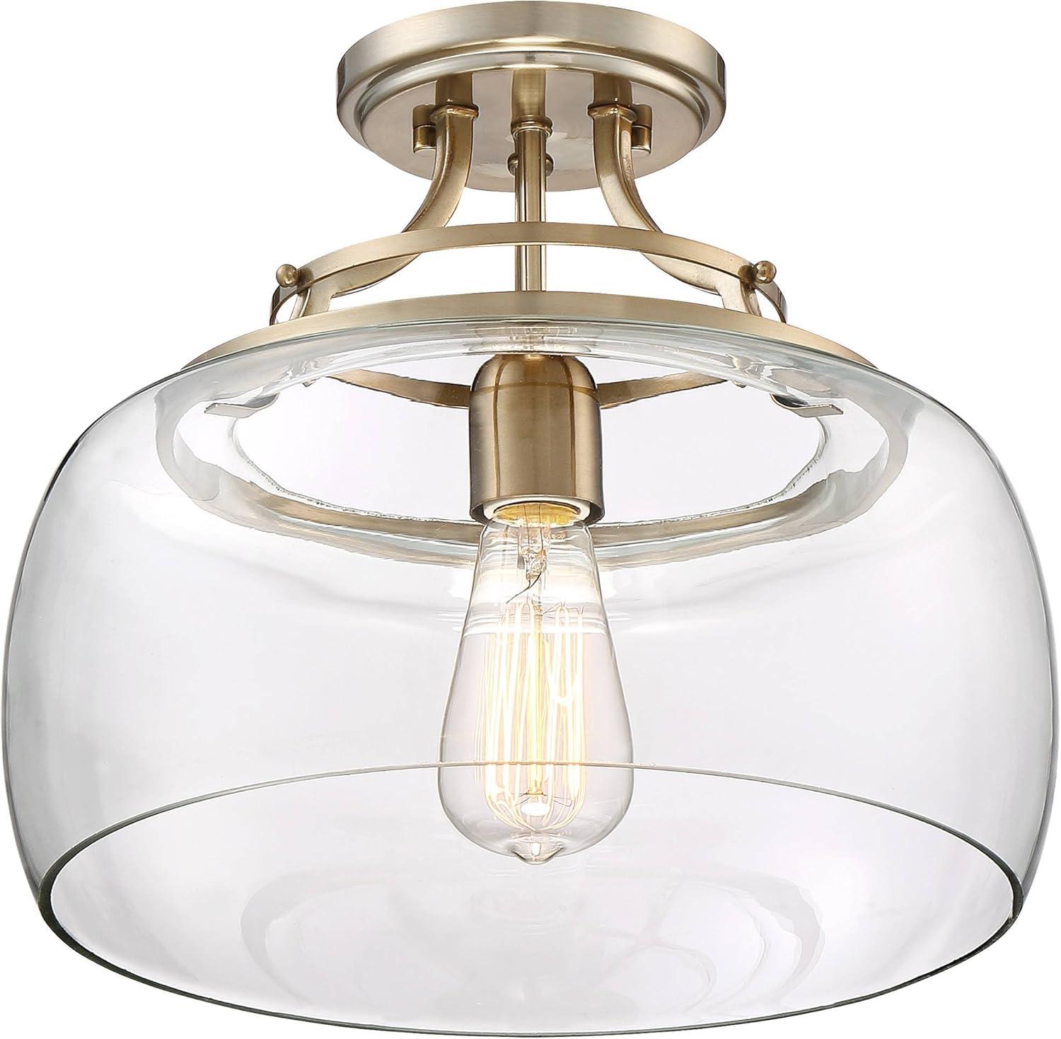 Franklin Iron Works Charleston Modern Farmhouse Ceiling Light Semi Flush Mount Fixture 13 1/2" Wide Warm Brass LED Clear Glass for Bedroom Kitchen