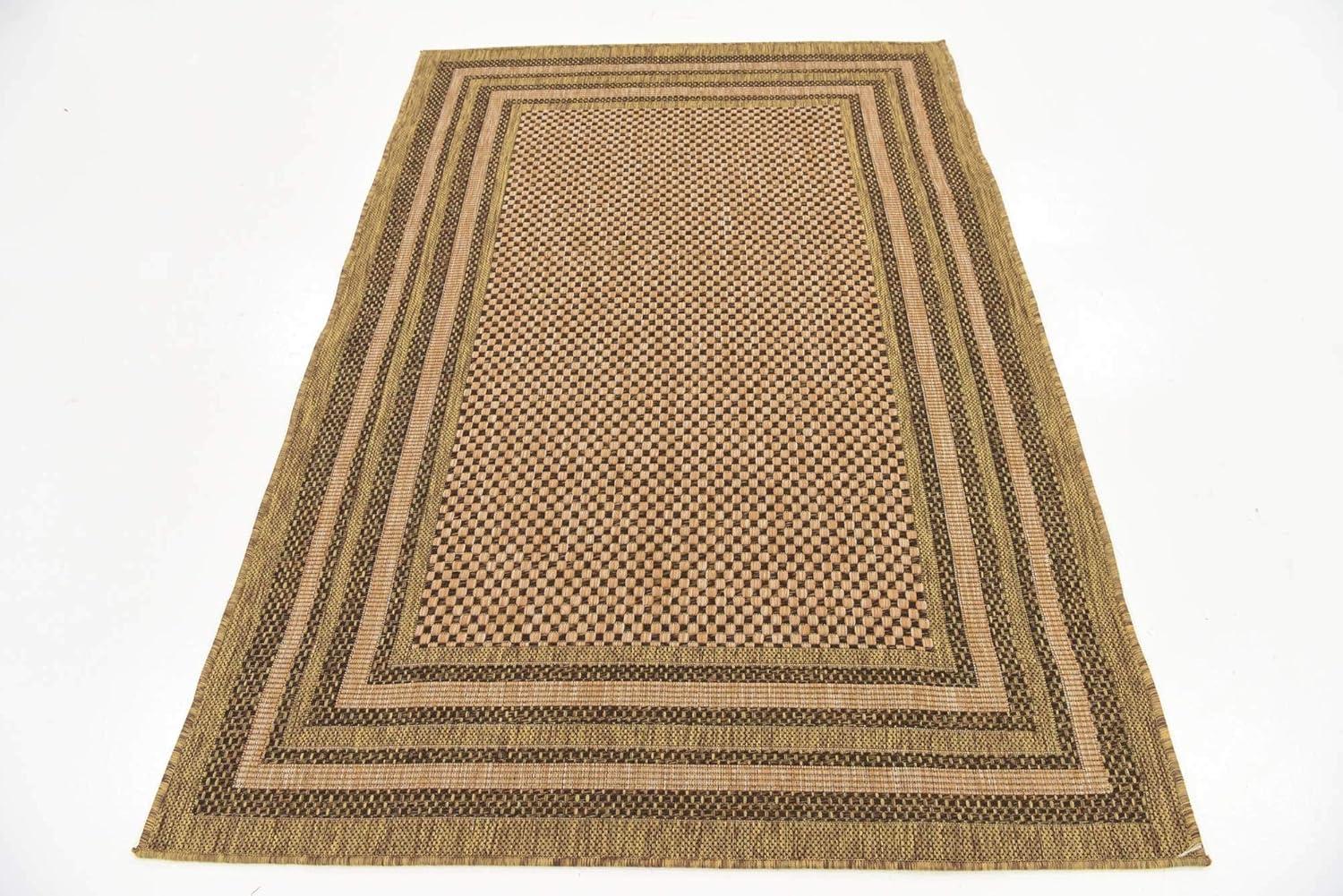 Multi-Border Brown Synthetic 4' x 6' Outdoor Area Rug