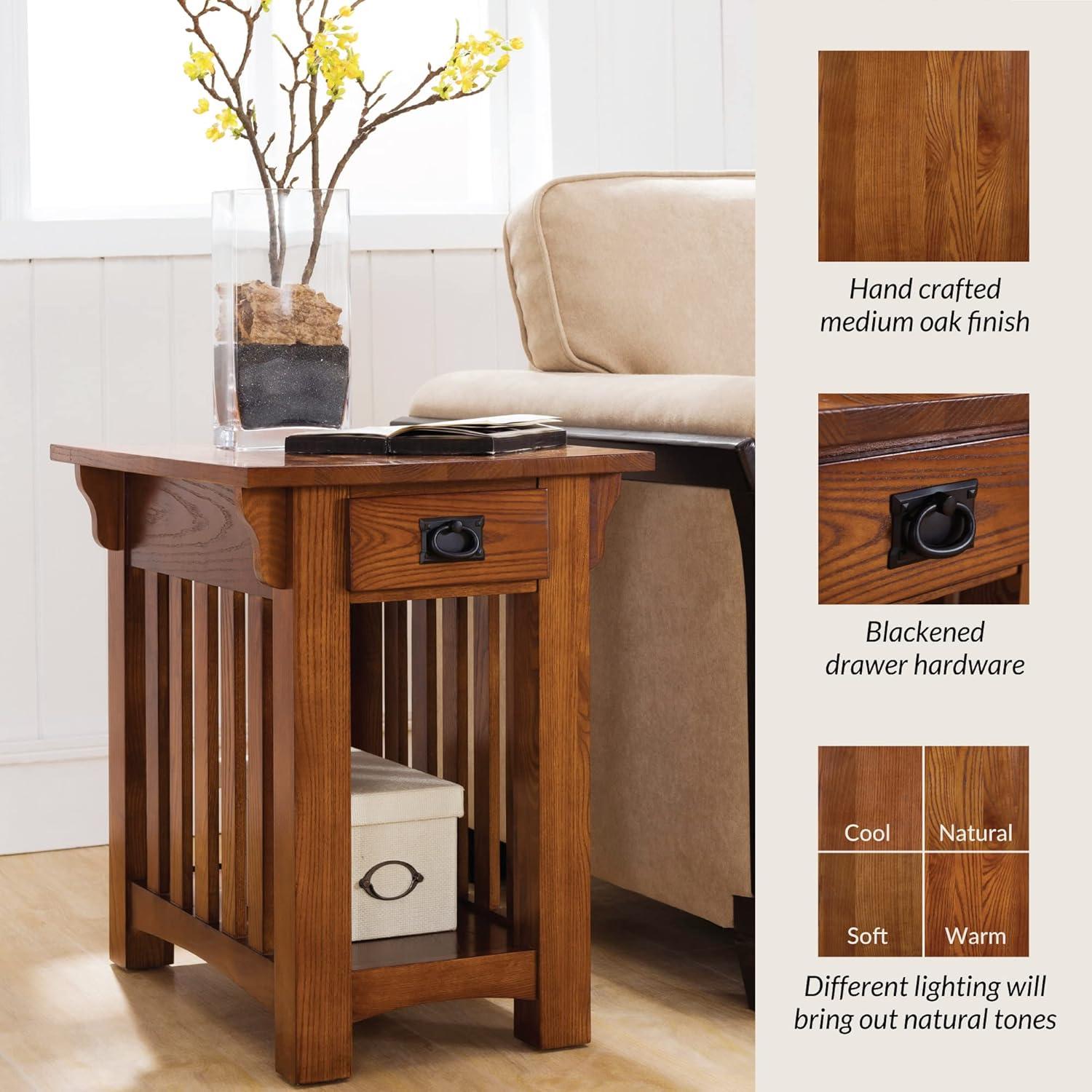 Medium Oak Mission Style Side Table with Drawer and Shelf