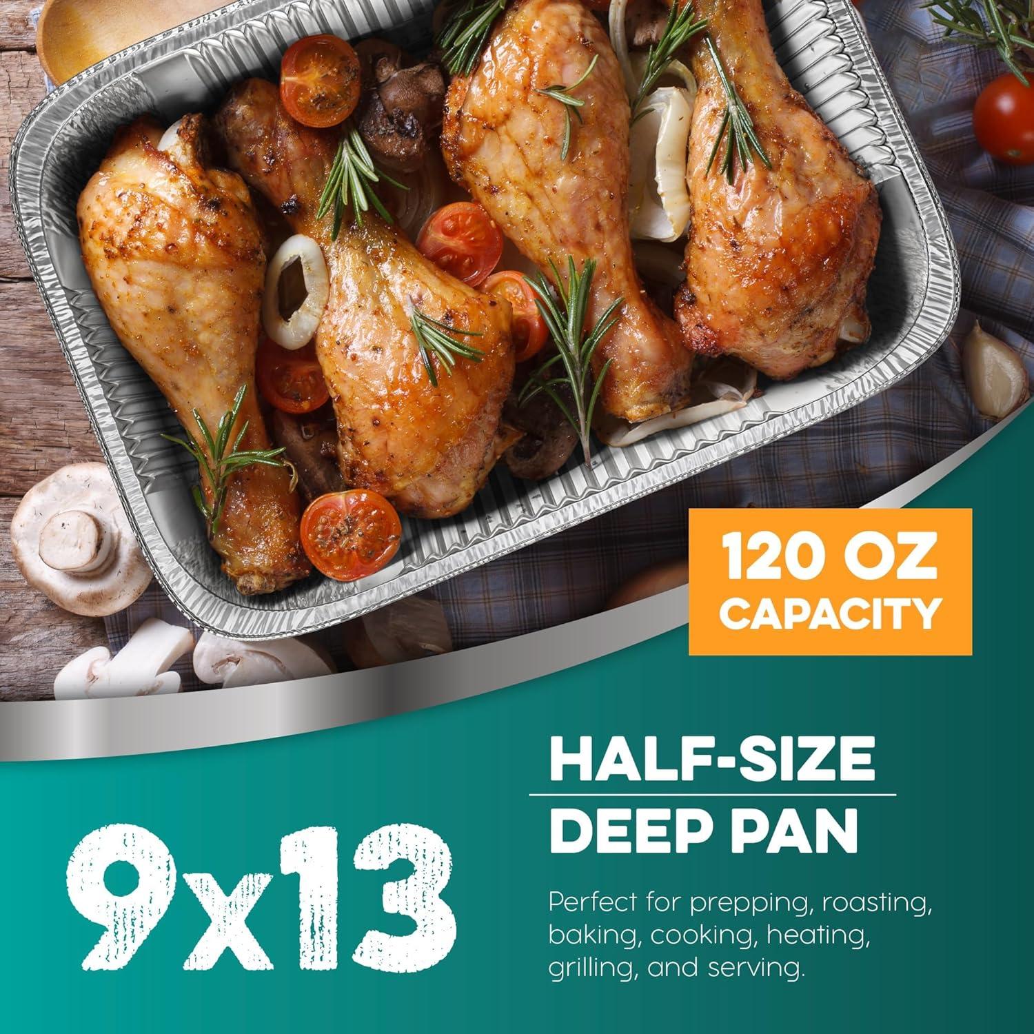 9x13 Aluminum Foil Pans (10 Pack), Disposable Half Size Deep Foil Pans, Cookware, Food Prepping, Large Pans for Baking, Reheating, Grilling