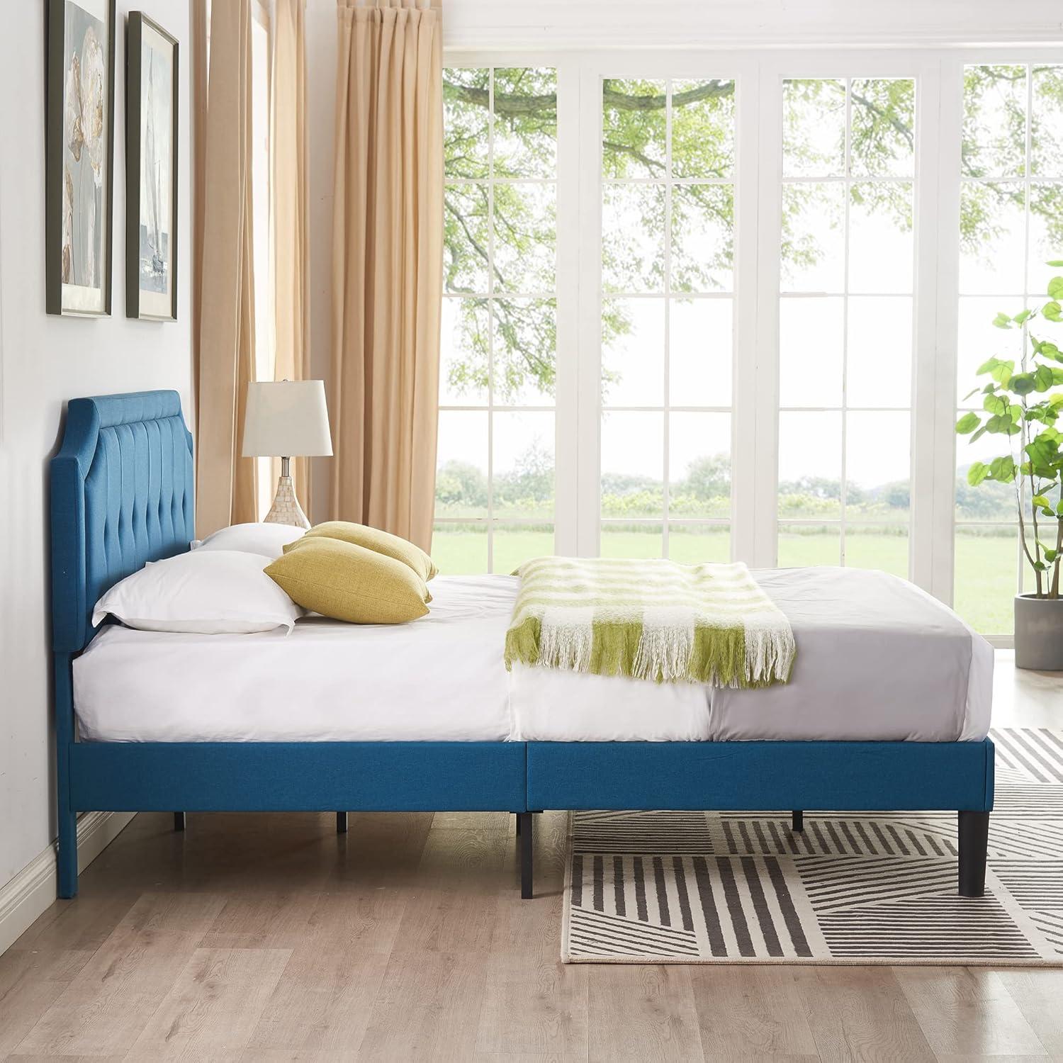 VECELO Queen Size Platform Bed Frame with Fabric Upholstered Headboard and Wooden Slats Support, No Box Spring Needed/Easy Assembly,Beige