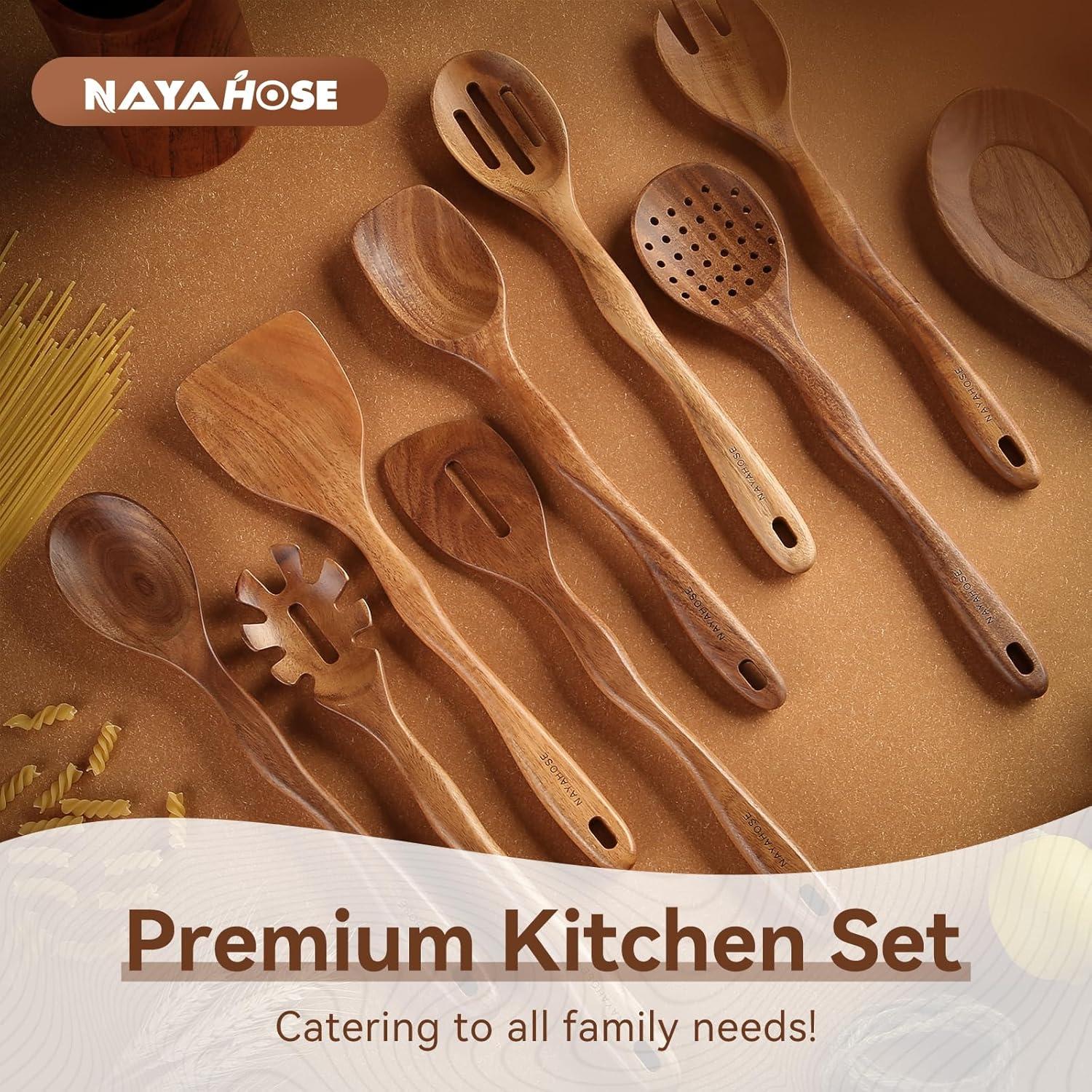 Wooden Spoons for Cooking, 10 Pcs Teak Wood Cooking Utensil Set ‚ Wooden Kitchen Utensils for Nonstick Pans & Cookware ‚ Sturdy, Lightweight & Heat Resistant