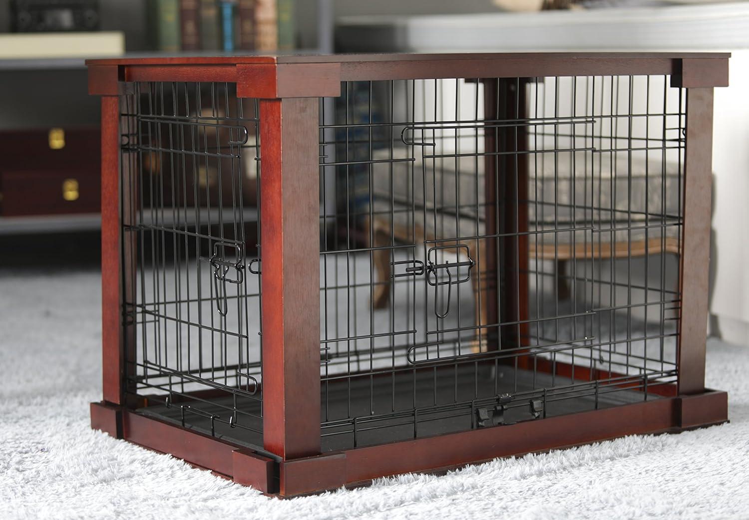 Merry Products 2 Door Decorative Pet Kennel with Wooden Protection Cover, Divider Insert, and Removable Tray End or Side Table, Large, Brown