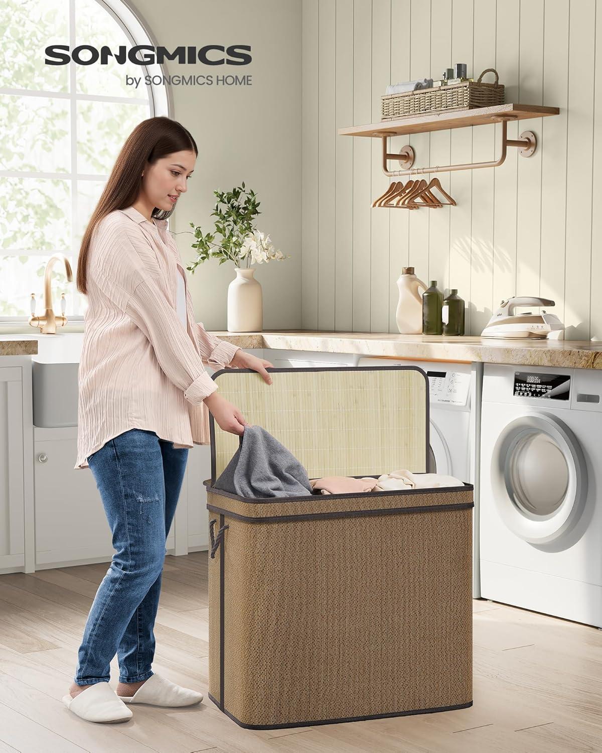 100L Laundry Hamper with Lid Bamboo Laundry Basket with Liner Bag Foldable Storage Hamper with Handles Gray