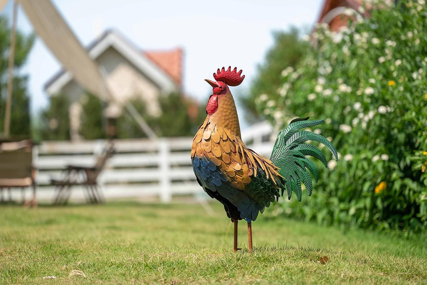 Large Multicolor Metal Rooster Freestanding Outdoor Decor