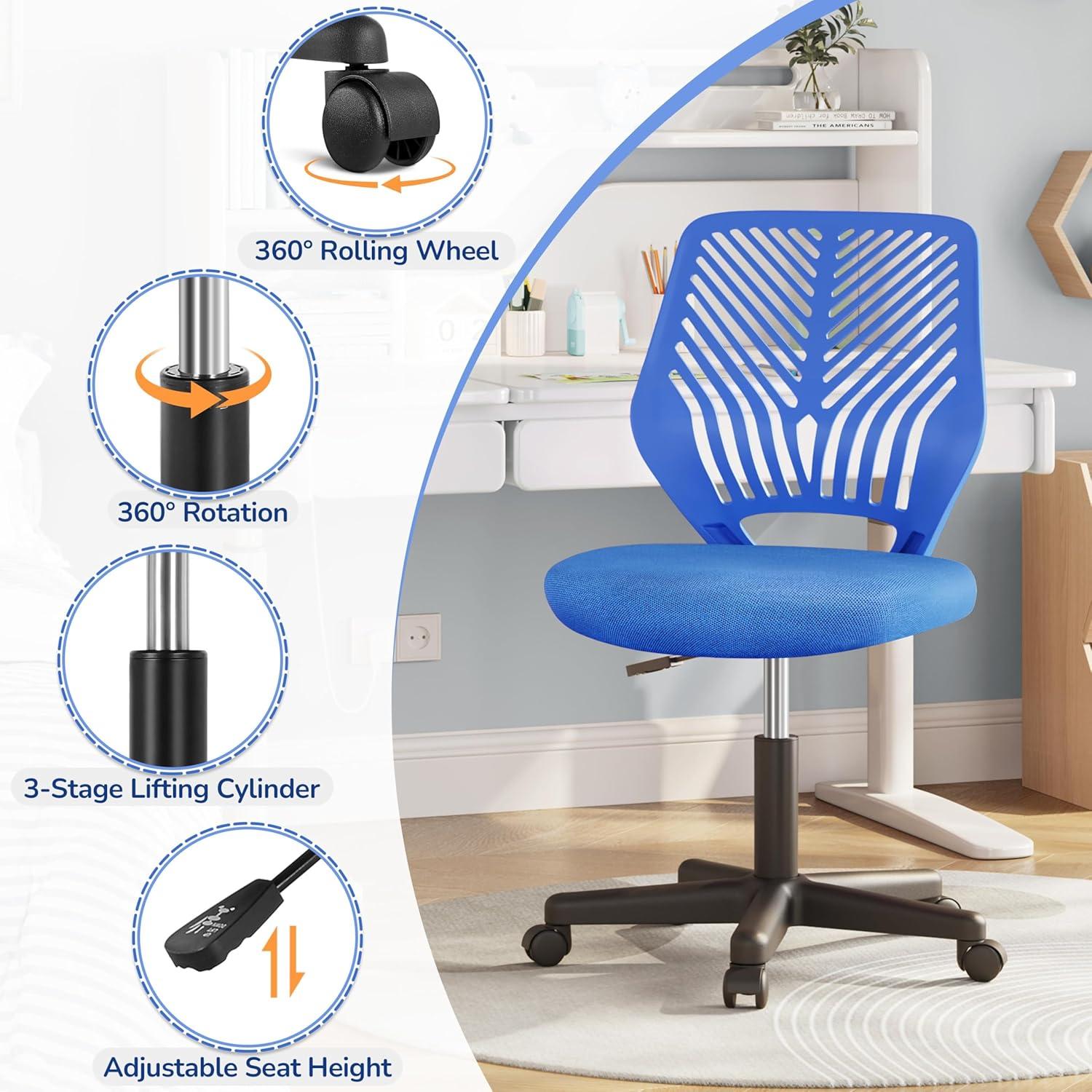 Yaheetech Students Desk Chair Low-Back Armless Study Chair Cute with Lumbar Support Adjustable Height for Youth, Blue