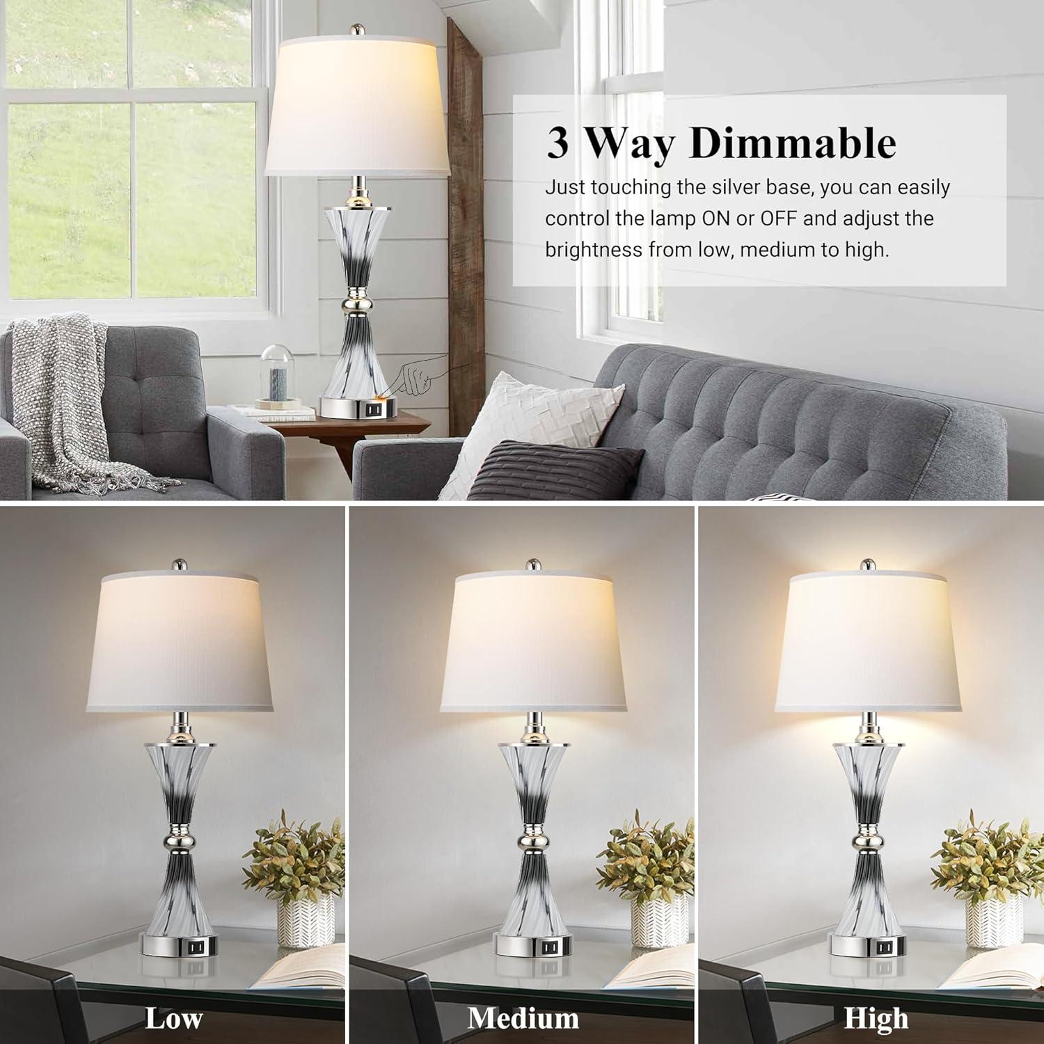 Touch Control Dimmable Table Lamps for Bedrooms, 3-Way Gold Crystal Bedside Lamp with USB Ports, Set of 2 Contemporary End Table Lamps with White Drum Shade for Living Room Reading, LED Bulbs Included