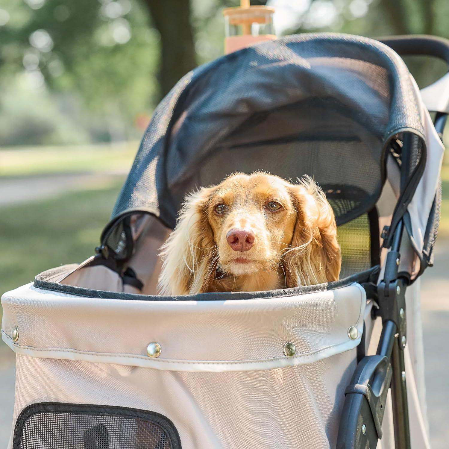 Carlson Pet Products Stroller, Includes 360 Degree Front Wheel Swivel, Rear Wheel Breaks, Reflective Trim, Mesh Panels, Umbrella and Mesh Canopy, Khaki, Pets up to 30 lbs