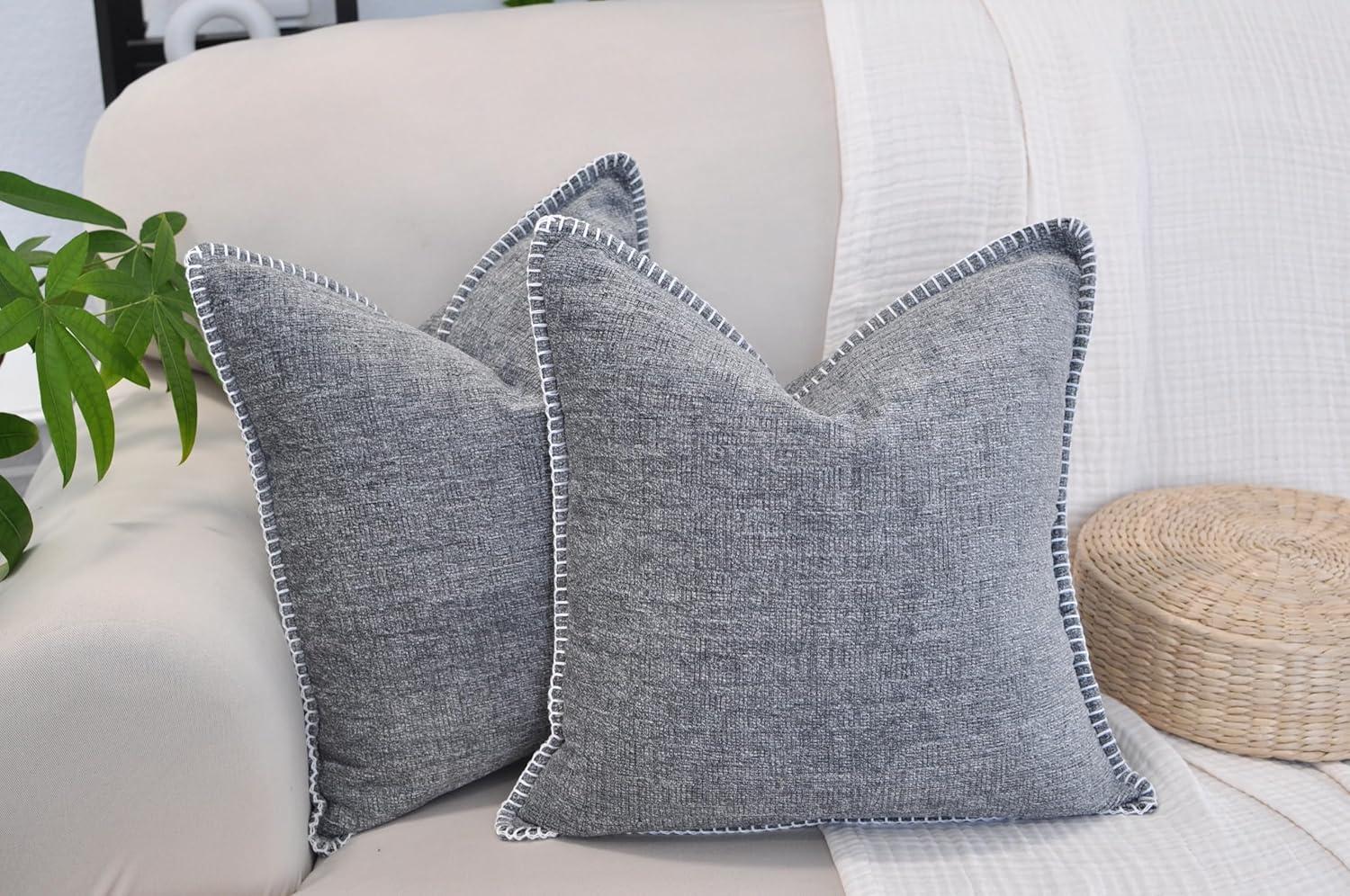 Soft Chenille Throw Pillow Covers With Stitched Edge (Set of 2)