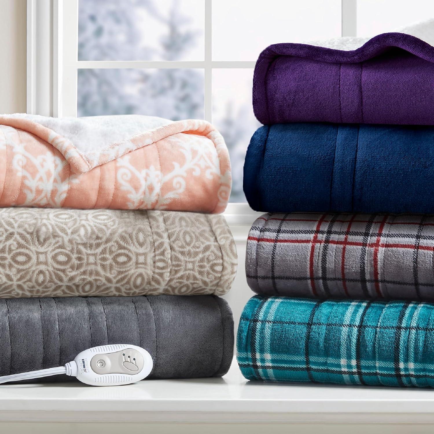 Degrees of Comfort Heated Sherpa Wrap Shawl, Cozy Winter Electric Blanket Throw, for Grandma Mom Women, Washable, Auto Shut-Off, Reversible 50 x 64 Inch, Blue Plaid