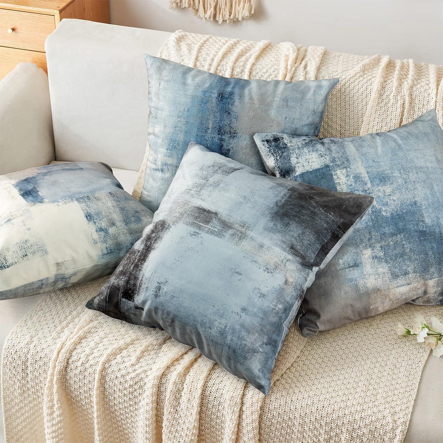 Abstract Blue and Gray Polyester Square Throw Pillow Set