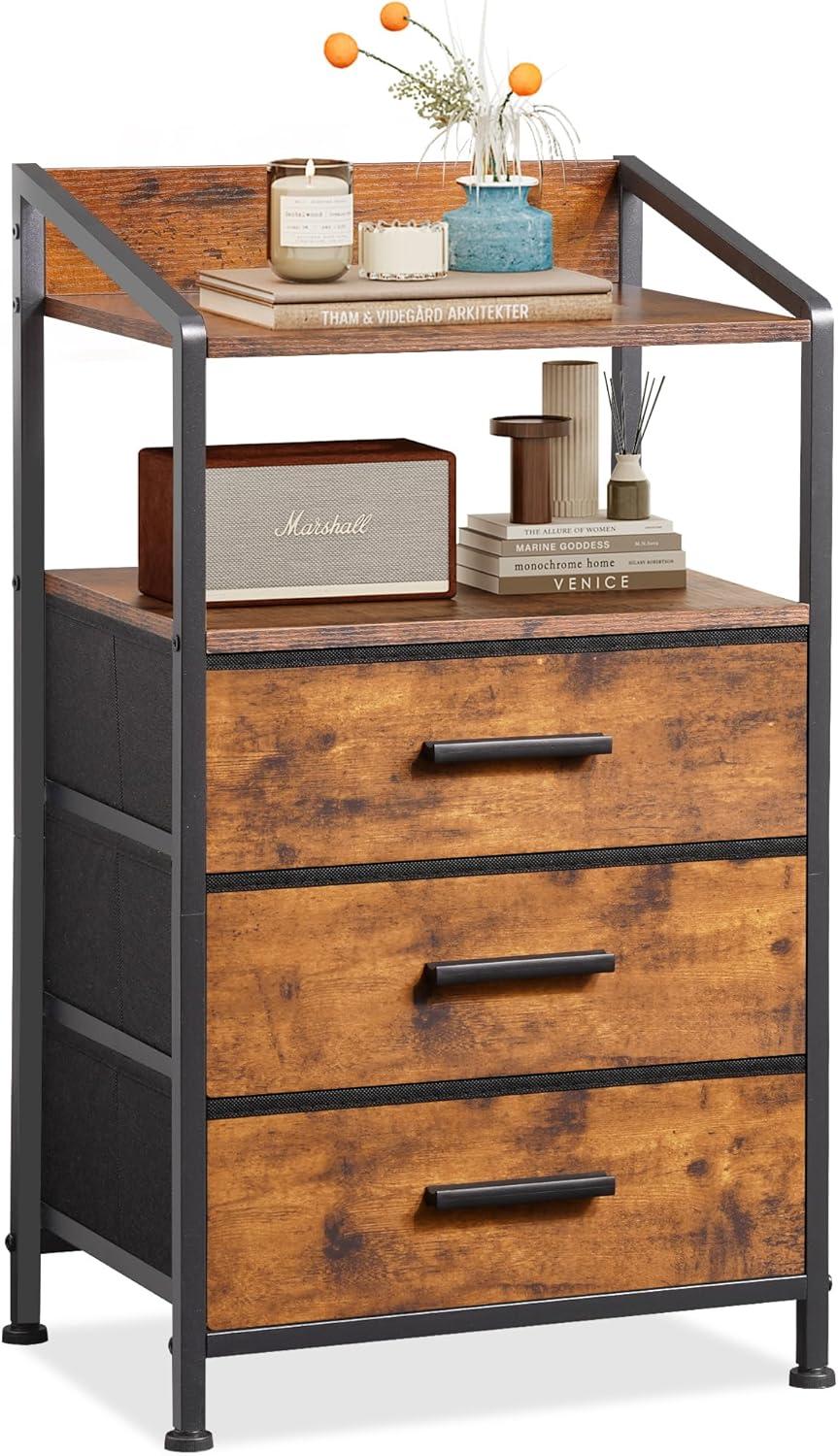 Nightstand Drawer Dresser, Vertical Side Table with Fabric Drawers 3-drawer