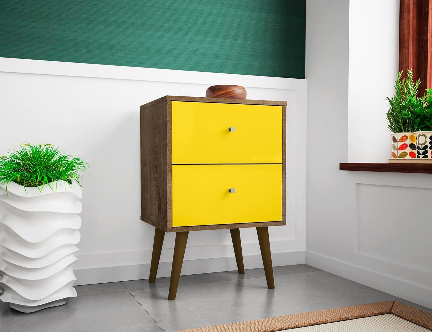 Liberty Mid-Century Modern Rustic Brown Yellow Nightstand with Metal Handles