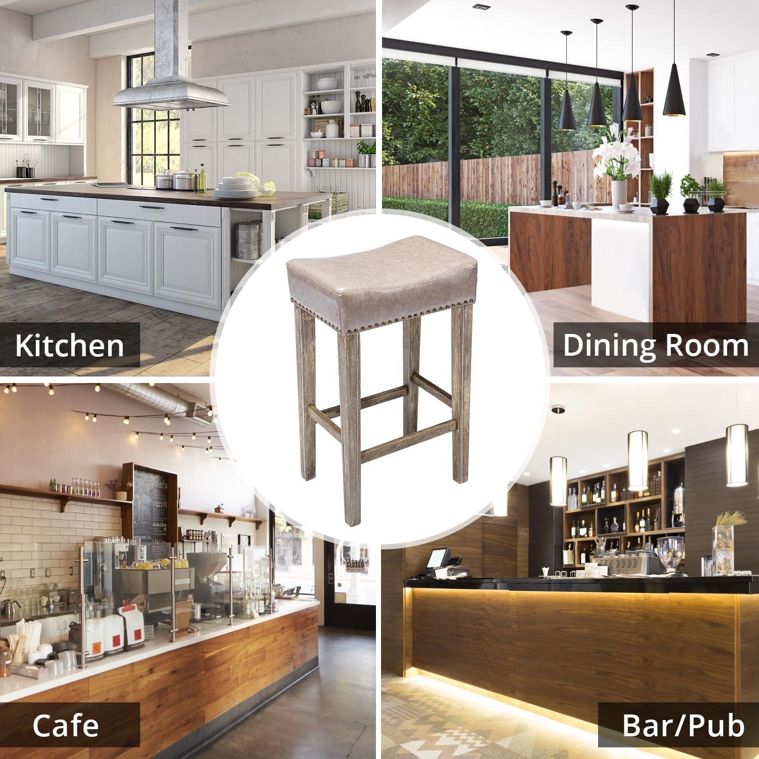 Lecut 26 Inch Wood Saddle Seat Barstool Set of 2 PU Leather Kitchen Counter Stools Nailhead Wood Pub-Height Saddle Stool Black