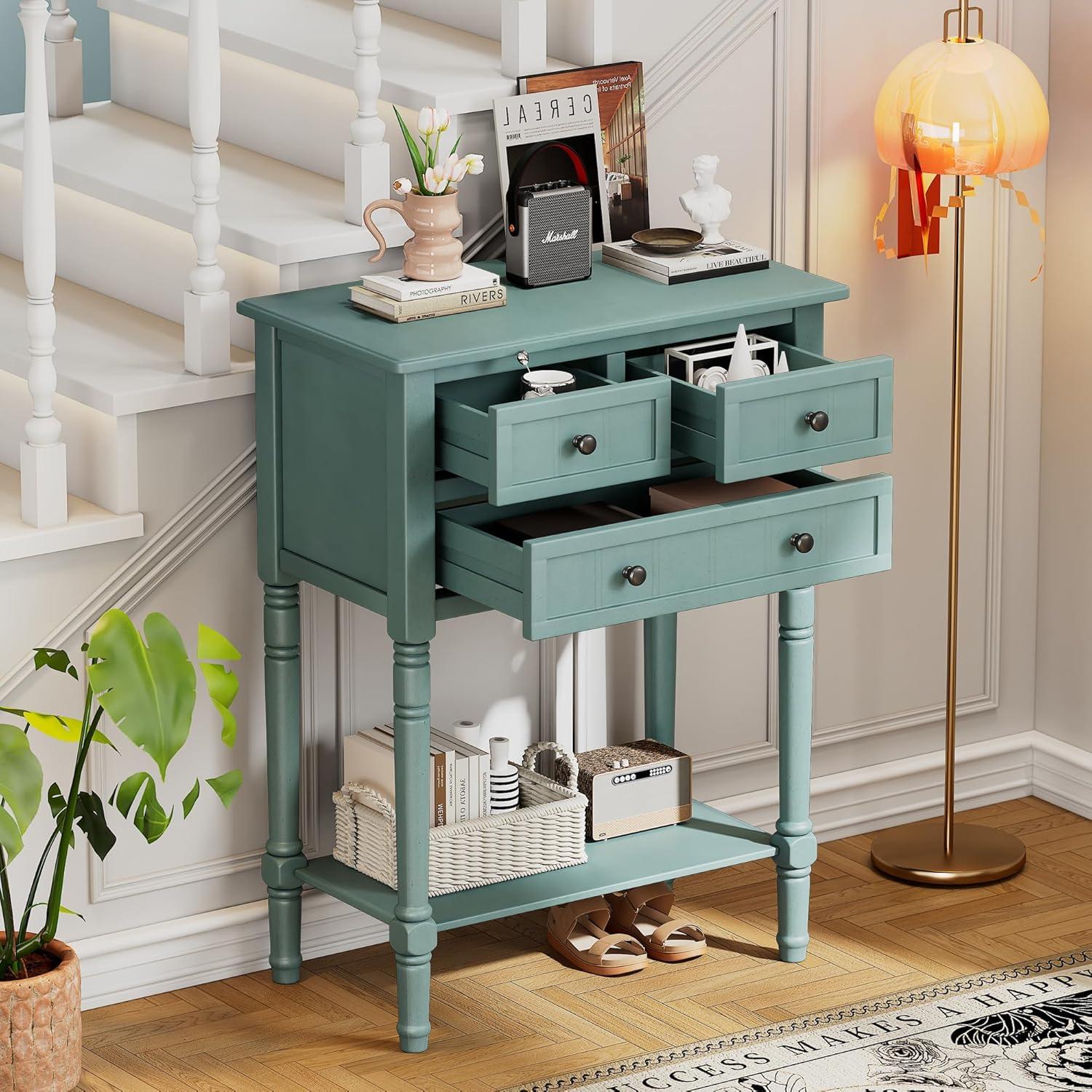 Churanty Narrow Console Table with Storage Drawers and Bottom Shelf for Entryway Living Room, Retro Console Table for Small Space, Light Blue