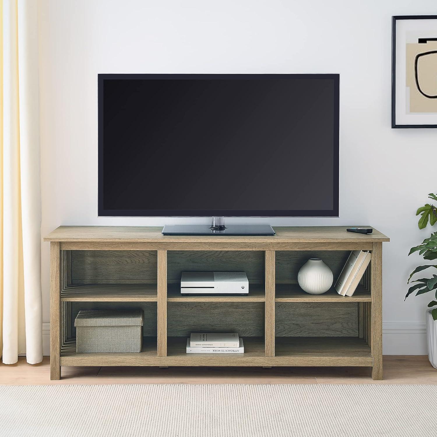 Driftwood Slatted Side TV Stand with Open Cubbies